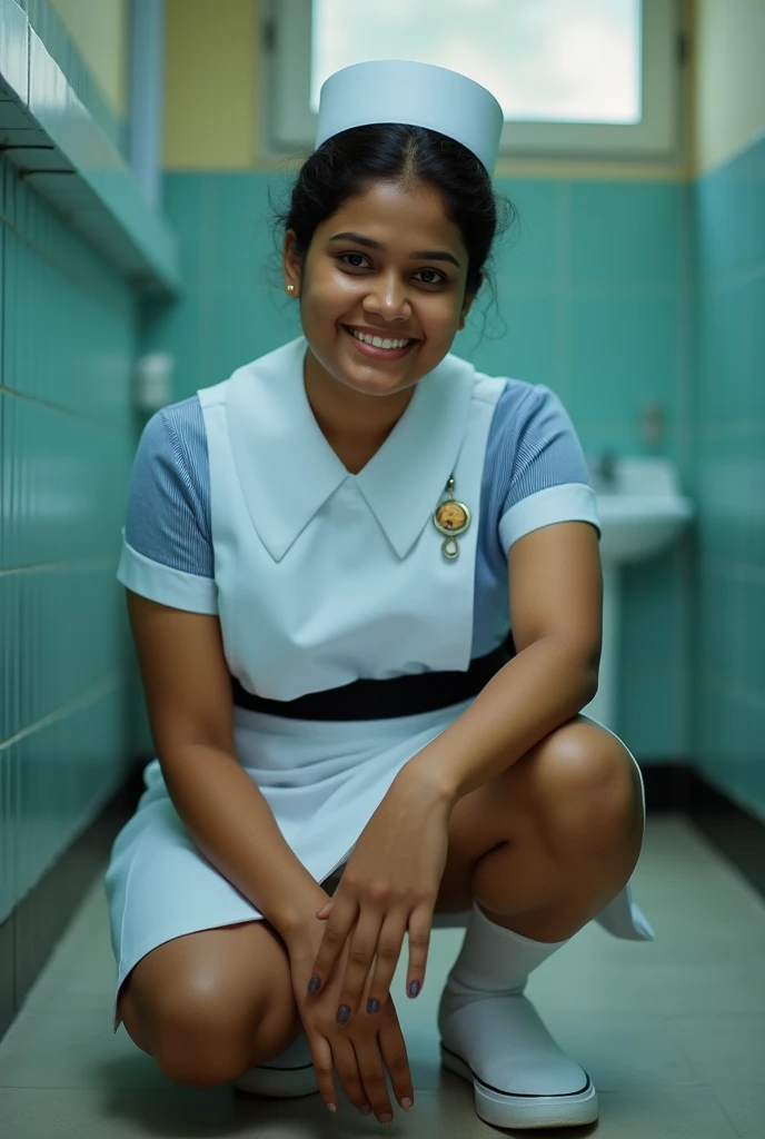 photo of a Sri Lankan 25 years old nurse, wearing nurse cap, nurse uniform, white above knee skirt, white socks, white slip-on nurse shoes, classic bun short hair, black strip in waist, big breast, cinematic lighting, smiling face, squatting on the floor in Sri Lankan hospital rest room, 4k, photorealistic, detailed, tan color sweaty skin, portrait 