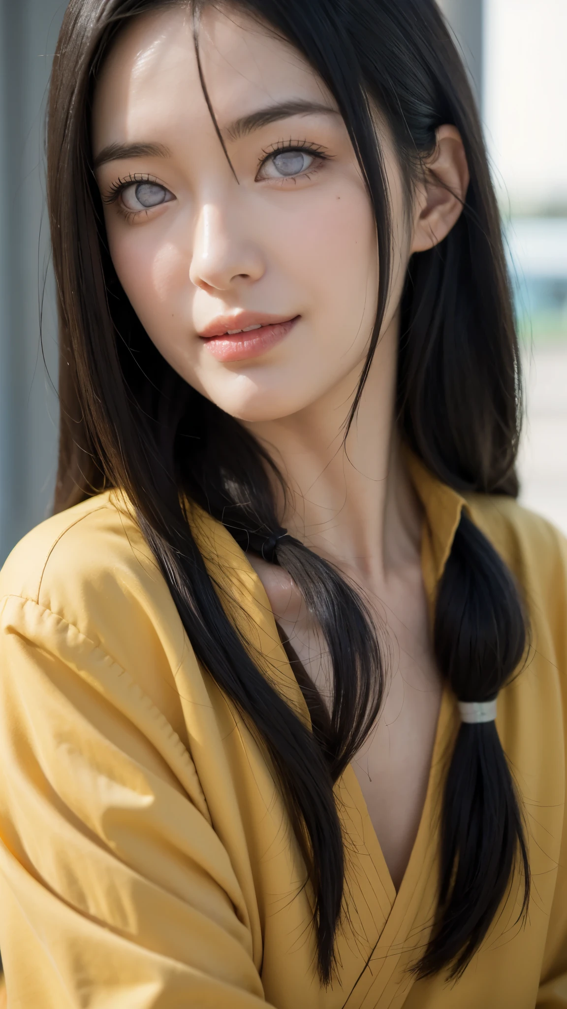 a close up of a person with long hair and a yellow jacket, hyuga hanabi, hyuga hanabi from naruto shippuden, as an anime character, perfect anime face, she has black hair with bangs, shemale anime character, anime character, anime best man, hime cut hairstyle, black hair, white eyes, byakugan eyes, smile, realistic, ultra detail, city background, (beautiful face:1.3)