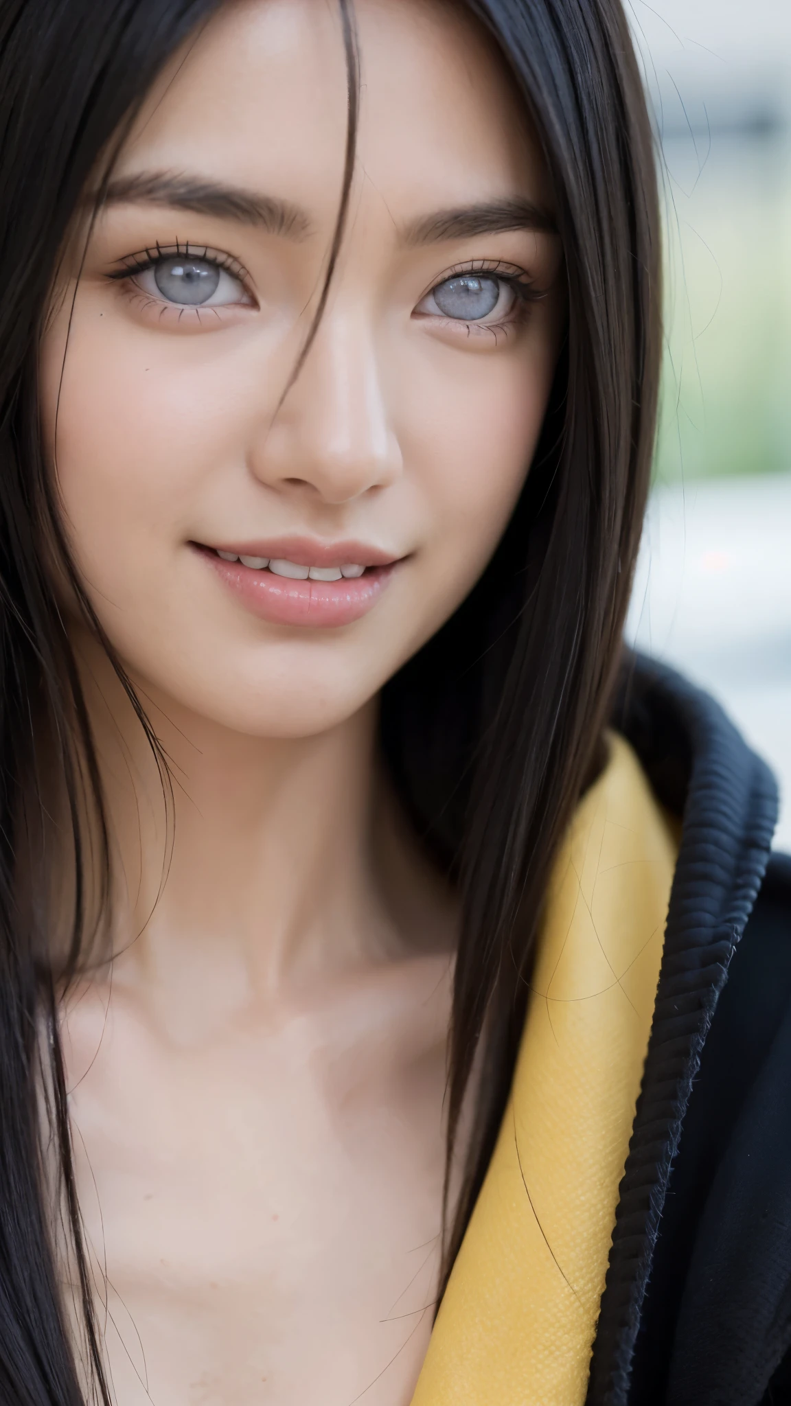 a close up of a person with long hair and a yellow jacket, hyuga hanabi from naruto shippuden, as an anime character, perfect anime face, she has black hair with bangs, shemale anime character, anime character, anime best man, hime cut hairstyle, black hair, white eyes, byakugan eyes, smile, realistic, ultra detail, city background, (beautiful face:1.3)