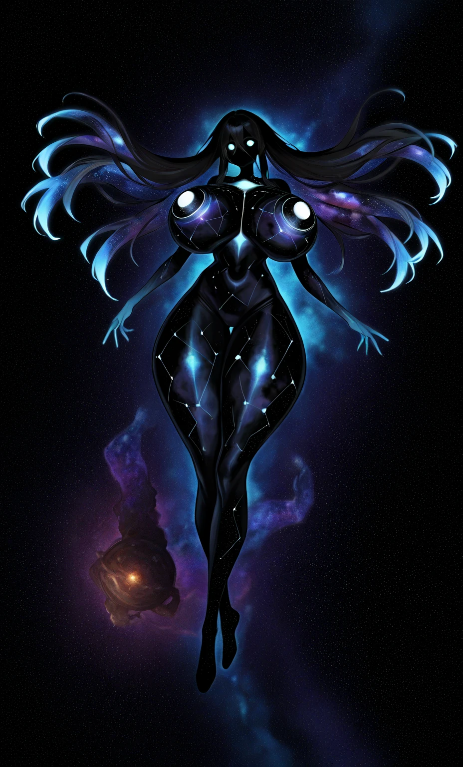 1 girl ,solo, female ,cosmic entity , deep space , galaxy like body, long hair flowing in space , huge bleasts , huge thighs , white glowing eyes