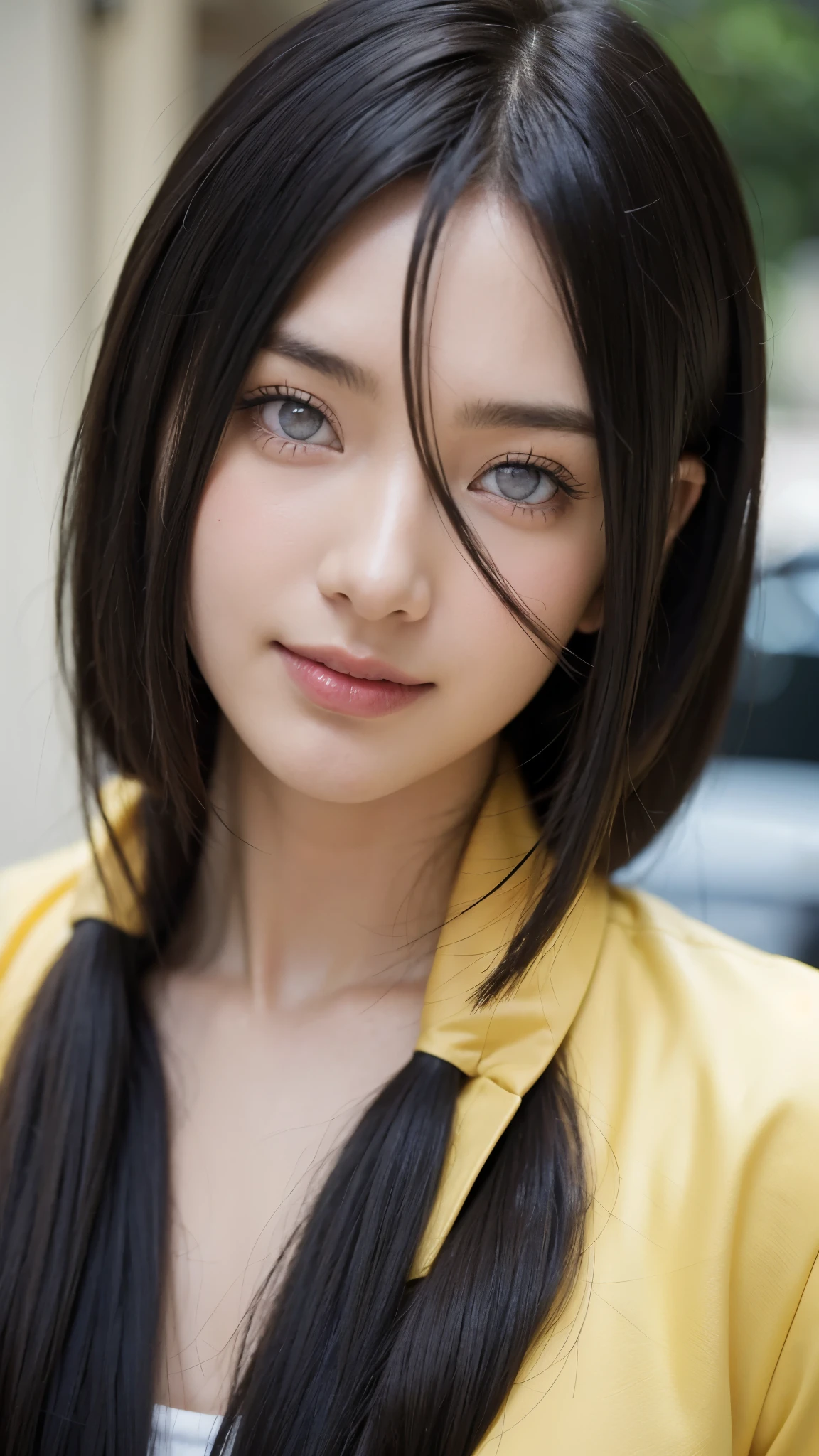 a close up of a person with long hair and a yellow jacket, hyuga hanabi, hyuga hanabi from naruto shippuden, as an anime character, perfect anime face, she has black hair with bangs, shemale anime character, anime character, anime best man, hime cut hairstyle, black hair, white eyes, byakugan eyes, smile, realistic, ultra detail, city background, (beautiful face:1.3)