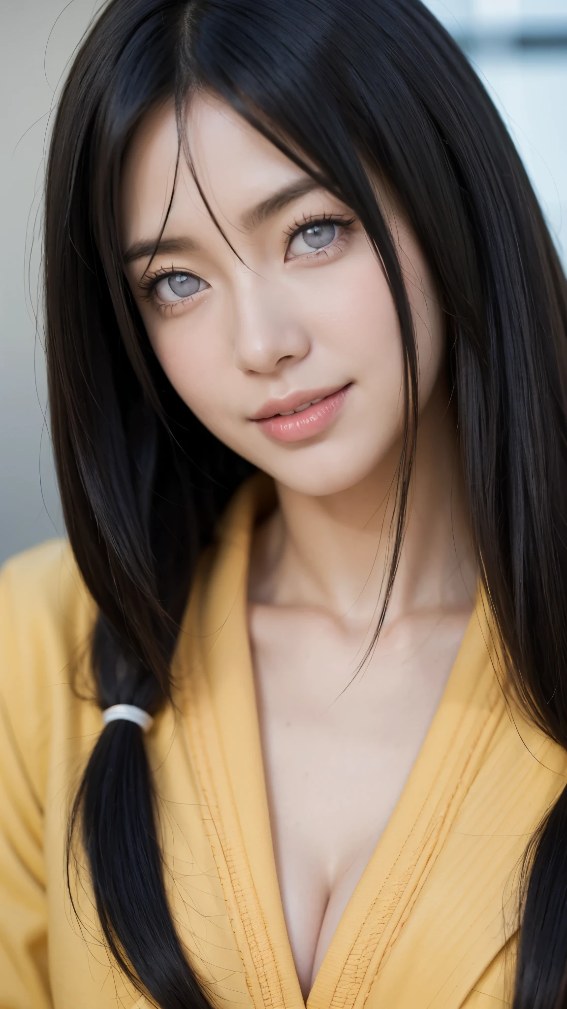 a close up of a person with long hair and a yellow jacket, hyuga hanabi, hyuga hanabi from naruto shippuden, as an anime character, perfect anime face, she has black hair with bangs, shemale anime character, anime character, anime best man, hime cut hairstyle, black hair, white eyes, byakugan eyes, smile, realistic, ultra detail, city background, (beautiful face:1.3)