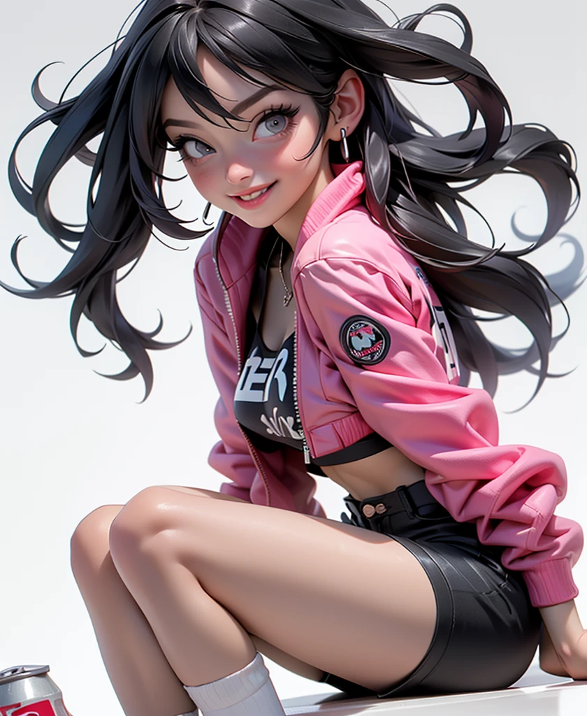 ((Best Quality, best resolution, award-winning portrait, official art)), ((perfect Masterpiece)), ((Realistic)) and ultra-detailed photography of a 1nerdy woman, 25 year old, with goth and post apocalyptic colors. She has ((long whispy long Black-colored hair)), wears a (Pink Bomber Jacket with a white Tshirt and a Black Crop top) and a (Harajuku-inspired shorts:1.2) , ((the most beautiful and sexy aesthetic)),drinking a can of soda, Show the whole body, Leaning back, Head tilt, eyes close, white background, Smiling. Knee high socks, Dynamic pose Full Body, Eating ,birds eye view, Wearing a pizza hat. Sitting on a Crane GPL Vending Machine, isolated, Modern, Black Vending Machine on a white background, glass plane and has cans of soda inside with a lot of lights inside