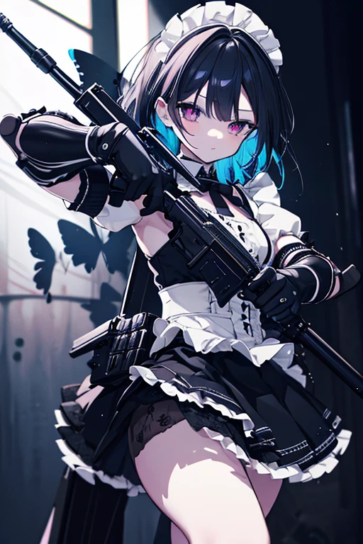 Octane Render、(Hyper-detailing: 1.15)、cinematic lightening、Cute Fantasy Princess、Handgun shooting practice、Fine Pattern Pistol,long boots、ultradetailed eyes、Full Paint、(Floral hair ornament、butterfly hair ornament)、masutepiece、Anatomically correct、blur、depth of fields