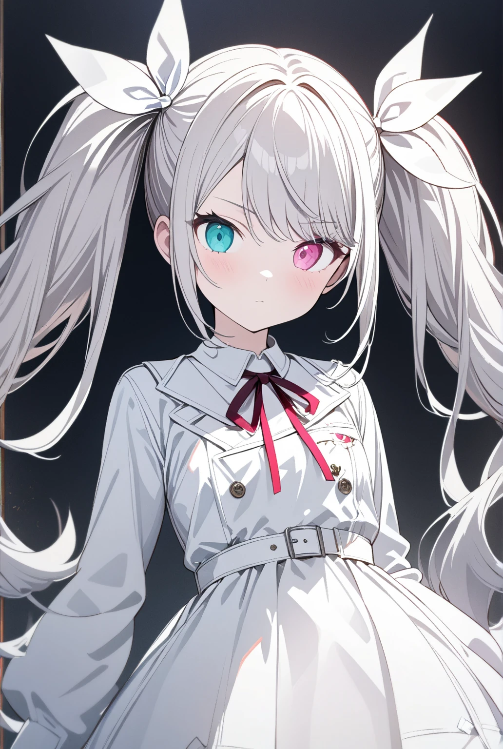 1girl,nigomiku\(Project Sekai\),heterochromia,aqua eyes,pink eyes,long hair,twintails,silver hair,white hair ribbon,gradated hair,BREAK (white dress,long sleeves,neck ribbon),cowboy shot,expressionless,masterpiece,best quality,ultra detailed,8k portrait,unity 8k wallpaper,super fine illustration