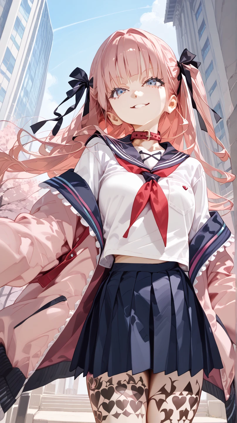 masterpiece, best quality, highres, ccrrm, long hair, two side up, hair ribbon, black ribbon, red collar, sailor collar, red neckerchief, serafuku, white shirt, pink jacket, sleeves past wrists, armband, open clothes, off shoulder, pleated skirt, leg tattoo, outdoors, cowbow shot, smile