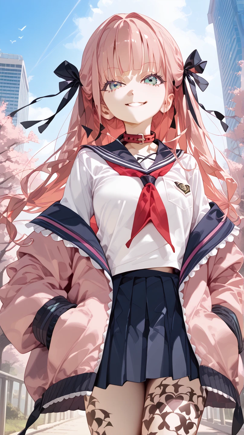 masterpiece, best quality, highres, ccrrm, long hair, two side up, hair ribbon, black ribbon, red collar, sailor collar, red neckerchief, serafuku, white shirt, pink jacket, sleeves past wrists, armband, open clothes, off shoulder, pleated skirt, leg tattoo, outdoors, cowbow shot, smile