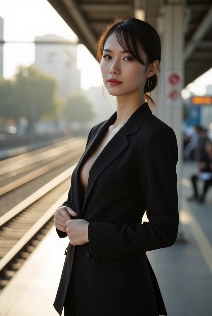40 year old beautiful busty asian woman,Highest vulgarity image quality、realistic、16K、vulgarity face、cute、long hair、slim、Standing、OL in the subway、black suit、whole body、Annoyed、panoramic、show me your long legs、Photographed quite far away、whole body姿、arms folded、Full body、