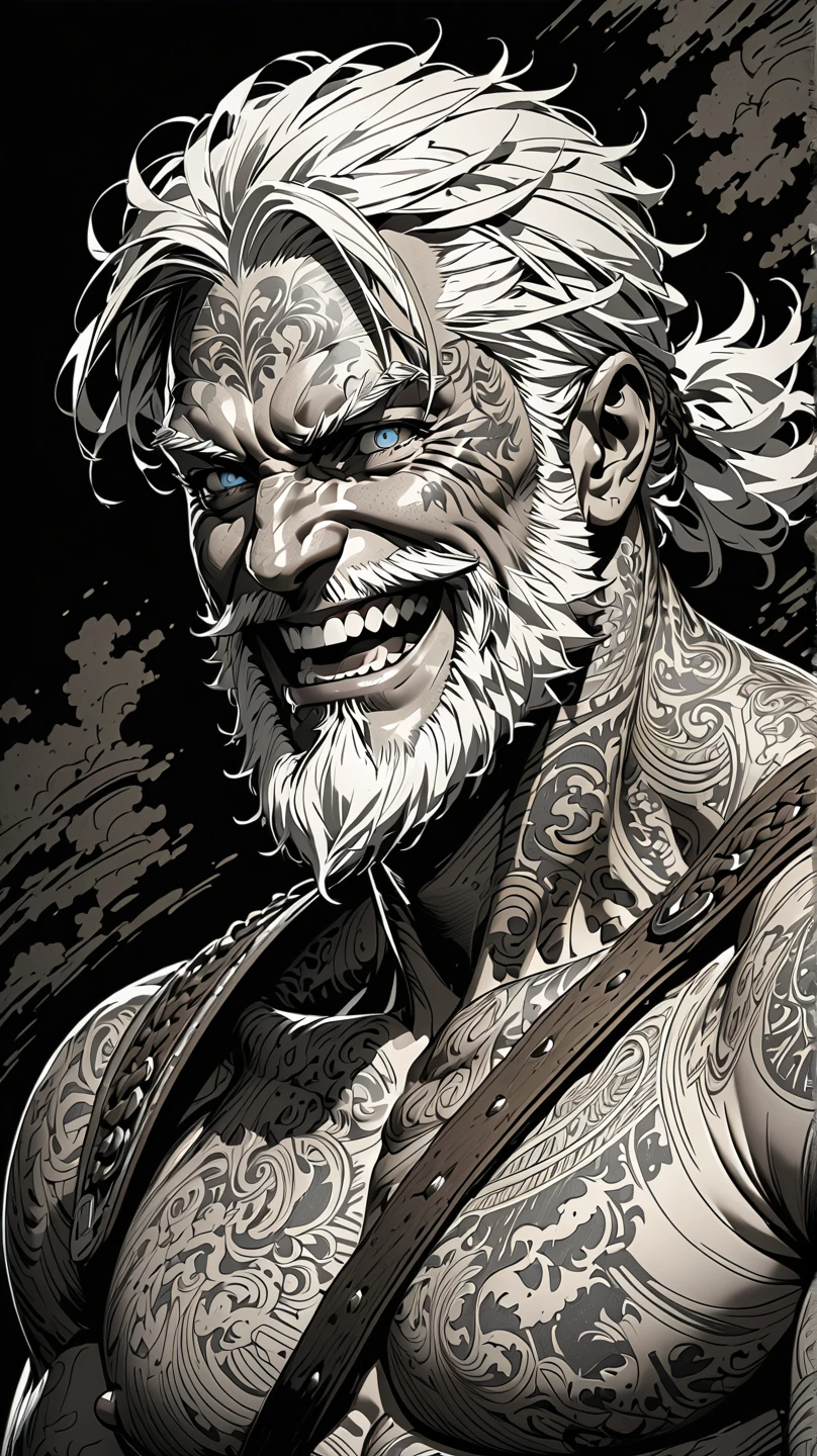 Masterpiece, top quality, anatomically correct, wicked smile, open mouth smiling, detailed eyes, high contrast, detailed lines, dynamic art, upper body, evil face, looking at viewer, (top naked), (mature Viking man), white hair, all back hair, muscular, large body, champion belt, medieval, deeply etched wrinkles, short beard, detailed face, sharp eyes, black background, beautiful line drawing