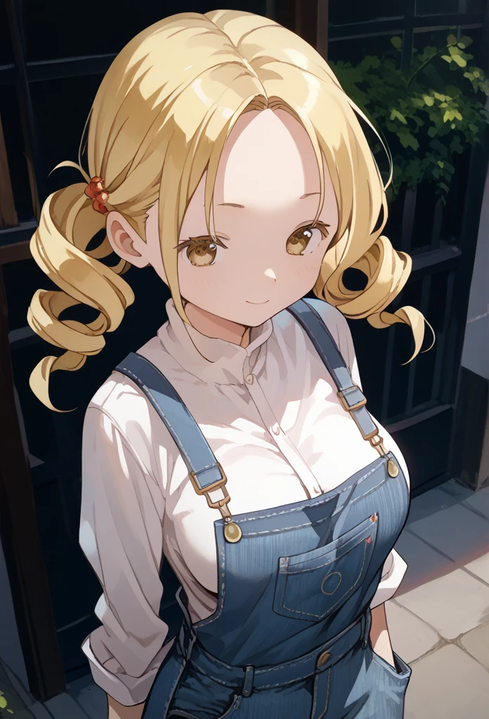 1 girl 、Mami Tomoe, blonde hair, drill hair, twin drills, yellow eyes, large breasts,、Forehead、 denim overalls