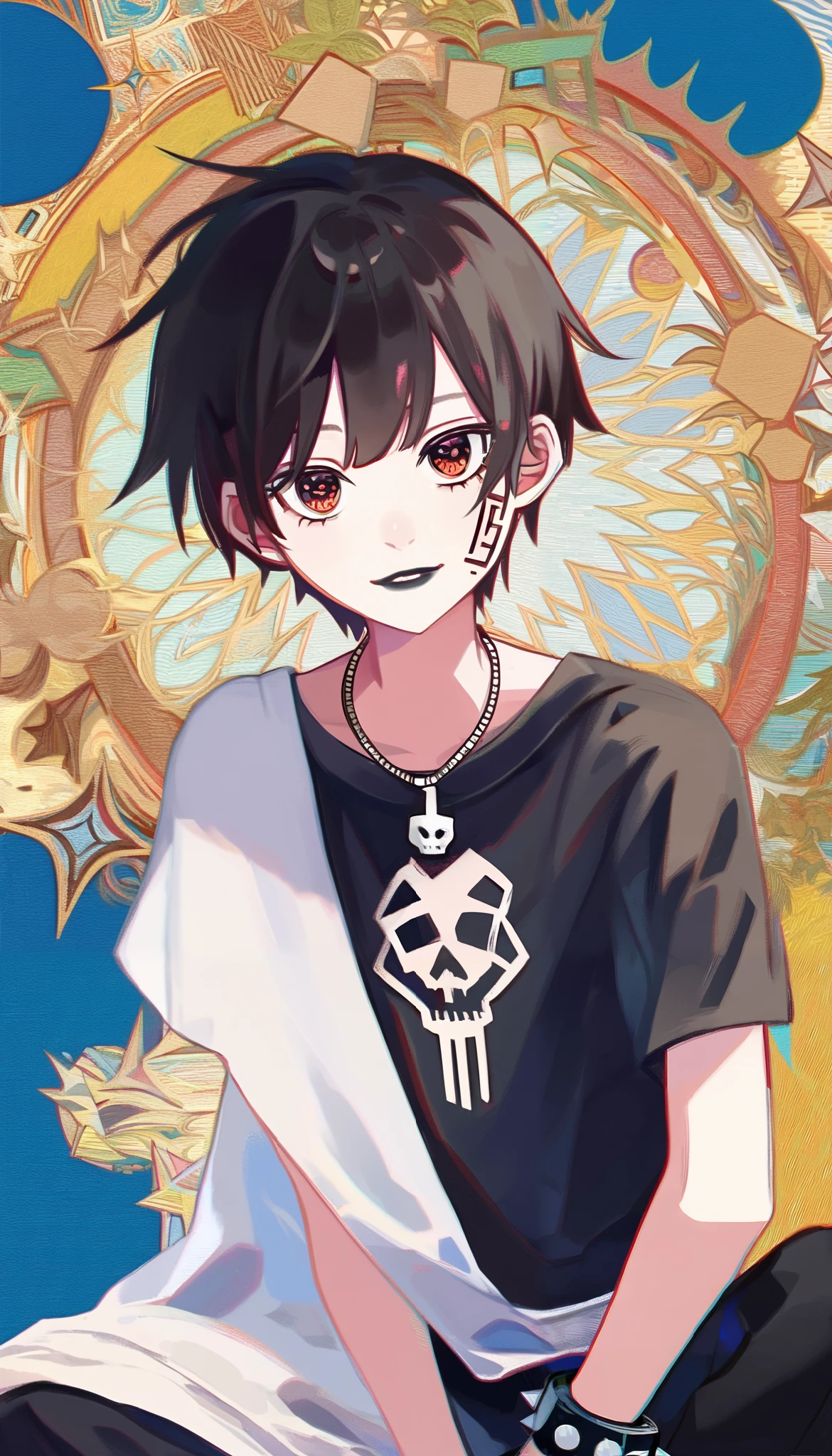 Manga style:1.5, masterpiece, (( ultra detailed background , intricate details )), better quality, intricate details , chromatic aberration , Women, 20 years, looking at the viewer , black hair, bangs over an eye , black t-shirt , Skull pattern , short sleeve, sitting on the floor , mask, tattoo with an X-shaped eye pencil on the cheek, Spiked bracelets , spiked necklace , black pants , pale skin, black lipstick , 2b nier automata, Megumin, Toga Himiko