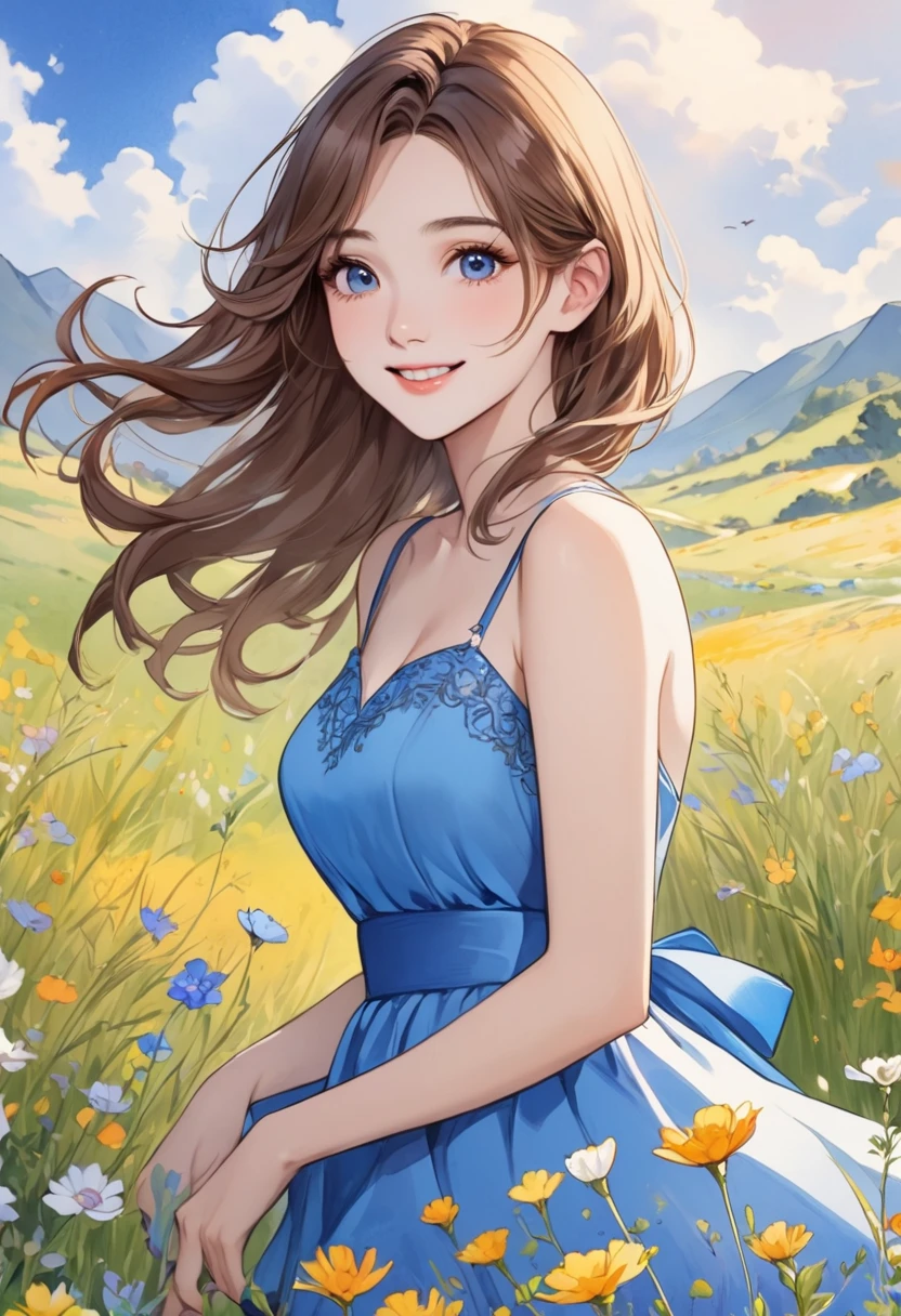   A fusion of ink painting and watercolor painting、 1 female, Create an animated version of your ideal style、Cute and beautiful face 、 pretty eyes ,   brown hair,  Beautiful blue dress,   smiling 、Create an animated version of a woman with 、grassland、Wildflowers、 bright color,   detailed illustration art 、Masterpiece、 best quality 、 HD、