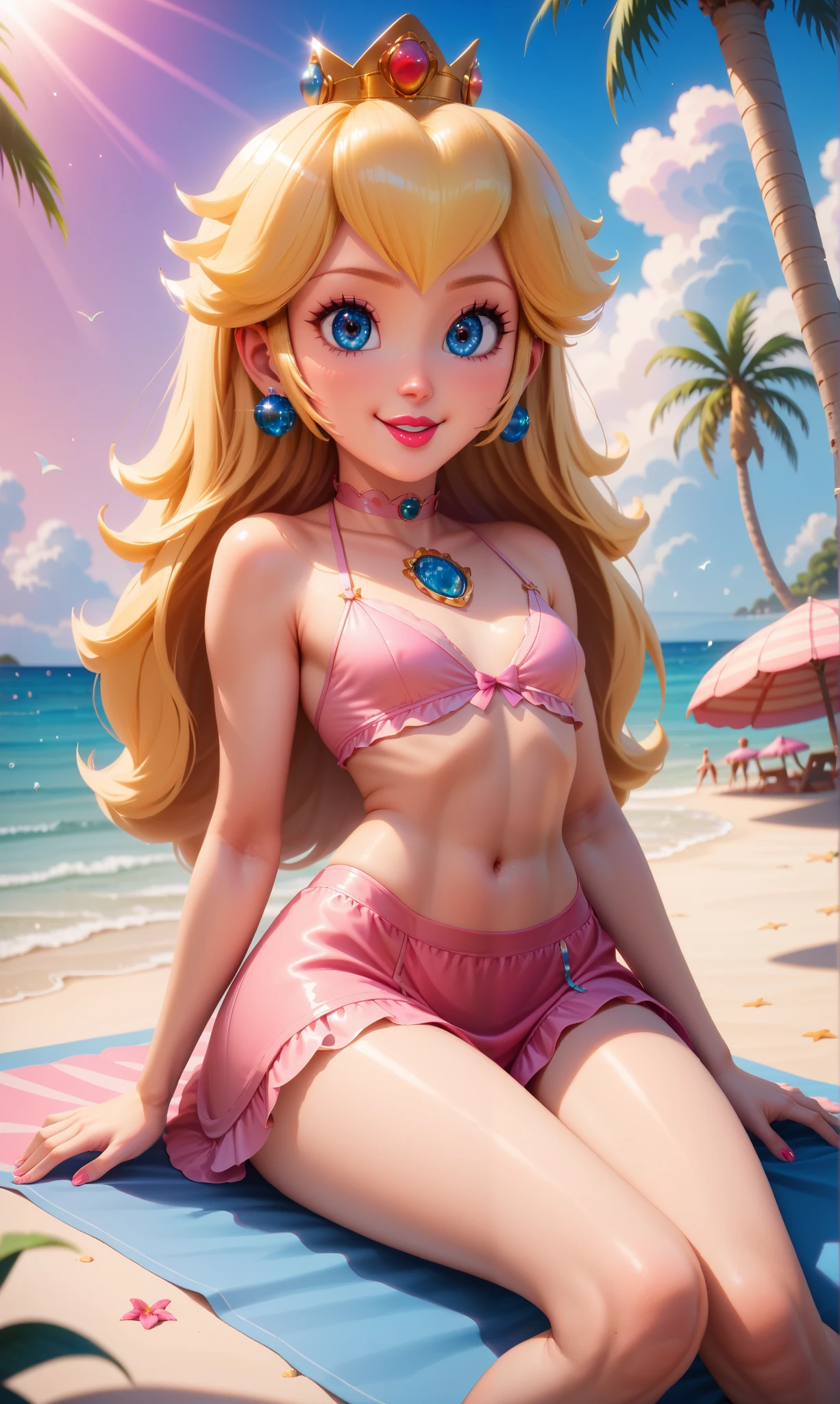 [ princess peach ], (( masterpiece)), (( High Definition)), (( high resolution)), ((portrait alone)), (( front view)), (( cartoon aesthetic)), (( soft detailed shaded )), (( beautiful rendering )), (( intricate details )), {( slim figure ), ( long yellow hair ), (beautiful blue eyes), (  small breasts ), ( toned body ), ( Curvilinear hips ), (  Beautiful legs ), (defined feet), (cute excited smile)}, {(pink lingerie), (belly button), (pink beach skirt ), (blue earrings)}, {(sitting on playa towel), ( looking at the viewer )}, [ ambient lighting , playa,  Sun rays]
