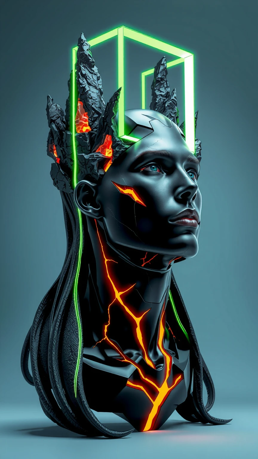 This image is a stunning portrayal of a futuristic male figure, blending hyper-realism with surrealist design. At its center is a humanoid bust, its surface an intricate interplay of polished, obsidian-like textures and sharp, angular cuts that streak across the face and neck. These obsidian fractures expose glowing, molten veins of orange and gold beneath the dark, glossy exterior, evoking the image of a living, volcanic entity. The smooth, black surface reflects light with an almost liquid brilliance, giving the figure a striking, otherworldly presence.

The face is sharp and angular, exuding strength and intensity. Long, flowing hair cascades around the head, merging seamlessly into the obsidian structure, with strands appearing almost as extensions of molten stone, glowing faintly at the tips. The figure’s expression is one of calm power, the head tilted upward as if transcending its physical form, lips closed in a contemplative pose.

Crowning the figure is a radiant, neon-green rectangle, cutting through jagged, volcanic rock formations that hover above the head. The glowing green plane emits a powerful luminescence, casting vivid light onto the face and hair while illuminating the cracks in the obsidian. Thick streams of fluorescent-green liquid drip from the edges of the rectangle and the rocks, their motion captured mid-flow, appearing alive as they cascade downward.

The backdrop is a minimalist gradient of muted cyan and gray, allowing the subject to dominate the composition. The contrast between the organic, rugged textures of the obsidian and the geometric precision of the glowing green rectangle highlights the tension between natural chaos and synthetic order. This artwork captures a transcendent male figure, both primal power and futuristic sophistication in a moment of cosmic balance.