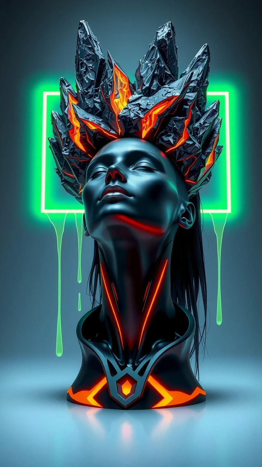 This image is a stunning portrayal of a futuristic male figure, blending hyper-realism with surrealist design. At its center is a humanoid bust, its surface an intricate interplay of polished, obsidian-like textures and sharp, angular cuts that streak across the face and neck. These obsidian fractures expose glowing, molten veins of orange and gold beneath the dark, glossy exterior, evoking the image of a living, volcanic entity. The smooth, black surface reflects light with an almost liquid brilliance, giving the figure a striking, otherworldly presence.

The face is sharp and angular, exuding strength and intensity. Long, flowing hair cascades around the head, merging seamlessly into the obsidian structure, with strands appearing almost as extensions of molten stone, glowing faintly at the tips. The figure’s expression is one of calm power, the head tilted upward as if transcending its physical form, lips closed in a contemplative pose.

Crowning the figure is a radiant, neon-green rectangle, cutting through jagged, volcanic rock formations that hover above the head. The glowing green plane emits a powerful luminescence, casting vivid light onto the face and hair while illuminating the cracks in the obsidian. Thick streams of fluorescent-green liquid drip from the edges of the rectangle and the rocks, their motion captured mid-flow, appearing alive as they cascade downward.

The backdrop is a minimalist gradient of muted cyan and gray, allowing the subject to dominate the composition. The contrast between the organic, rugged textures of the obsidian and the geometric precision of the glowing green rectangle highlights the tension between natural chaos and synthetic order. This artwork captures a transcendent male figure, both primal power and futuristic sophistication in a moment of cosmic balance.