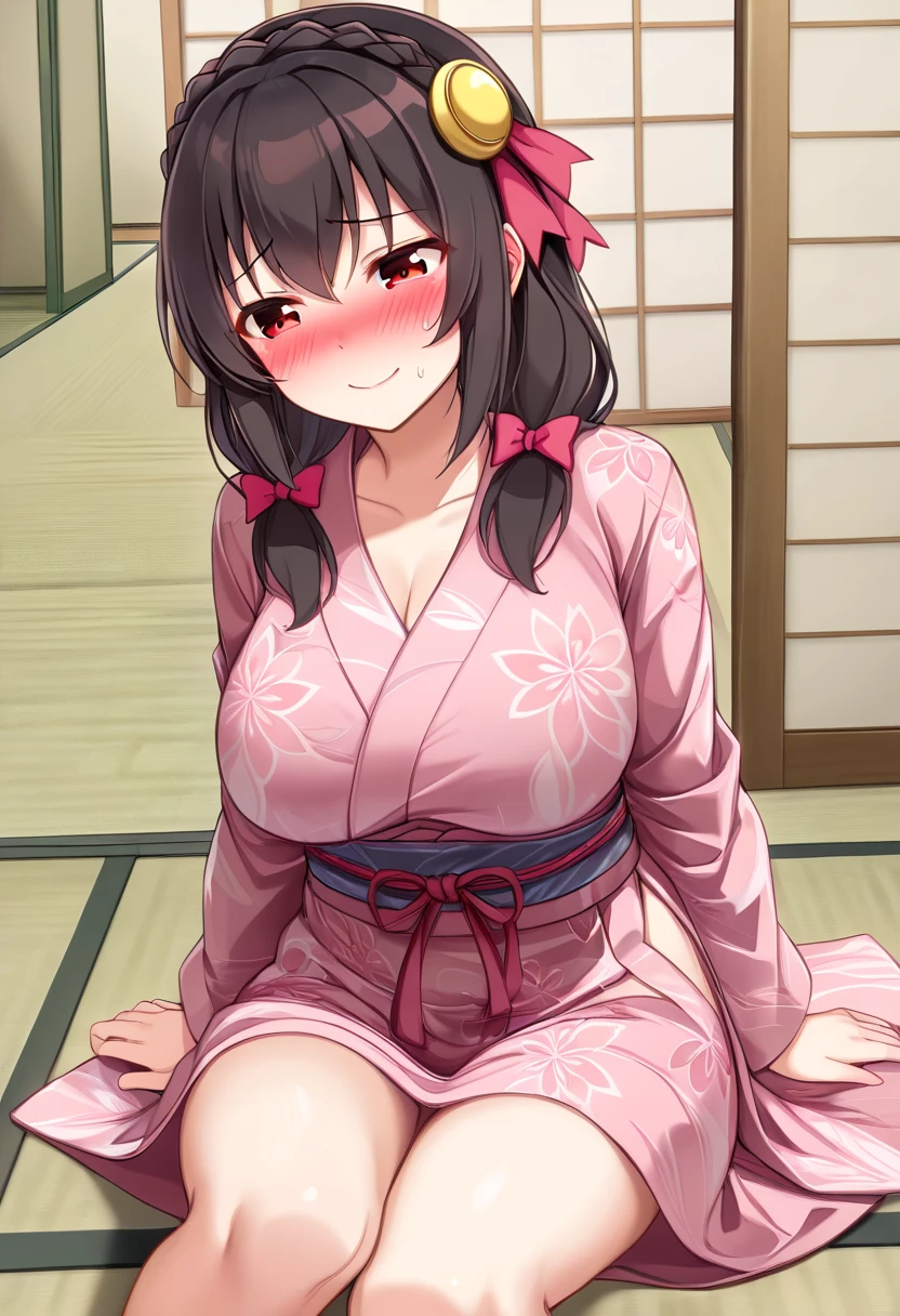 yunyun、masterpiece,Best Quality,  high resolution on down,One person, Yunyun、 crown braid the same color as my hair, Black Hair、Red eyes、 hair accessories,  hair bow,  pink yukata, 、(She has big breasts)、( embarrassed smile seen from the front:1.2)、(blush)、indoor、tatami、( sitting straight)、(I'm tapping my knee with one hand)