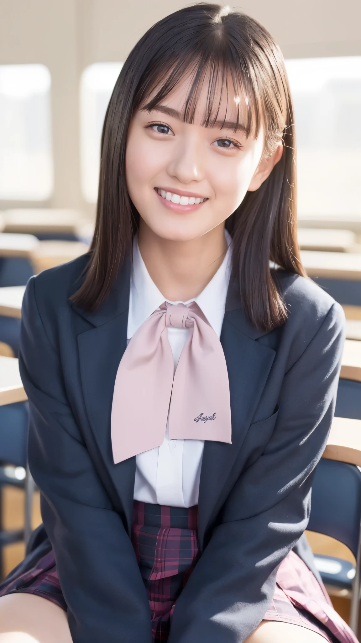 (Highest quality, 4K, 8k, High resolution, masterpiece, Genuine, Realistic, Realistic:1.3), (upper body), Girl sitting on the school desk in classroom, blue neckerchief Uniform, Dark Blown Blazer, blown plaid skirt, Gal Makeup, wearing oversize dark sweater amd white collared shirts, dark black pantyhose, ((pink hair)), Gold Bracelets, 19-year-old, bangs, open mouth smile,Thighs, knees, From below, pinching skirt:0.7, black long socks, open legs:0.8,