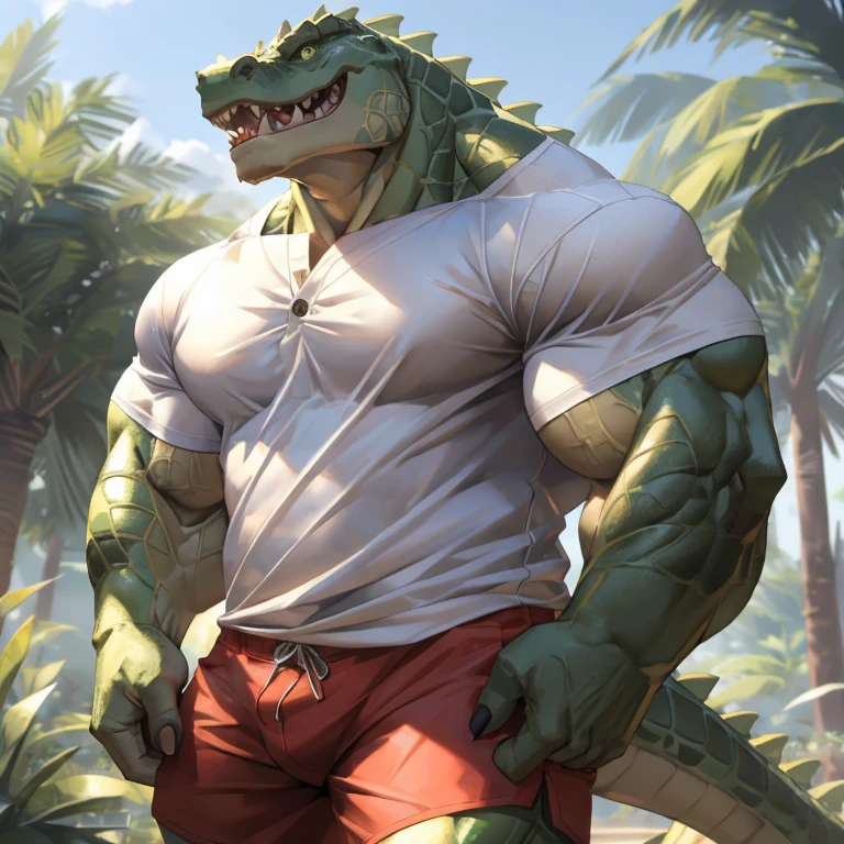(best quality,4k,8k,highres,masterpiece:1.2),ultra-detailed,realistic:1.37,huge muscular furry crocodile wearing white shirt,white shorts,green crocodile skin,shirt with buttons,shirt with collar,shorts with pockets,ferocious expression,intense eyes,sharp teeth,long tail,scaly texture,lush green garden background,sturdy posture,strong arms,bulging muscles,bright colors,sharp focus,natural lighting,physically-based rendering,bokeh,portrait,creature,animal,artistic style