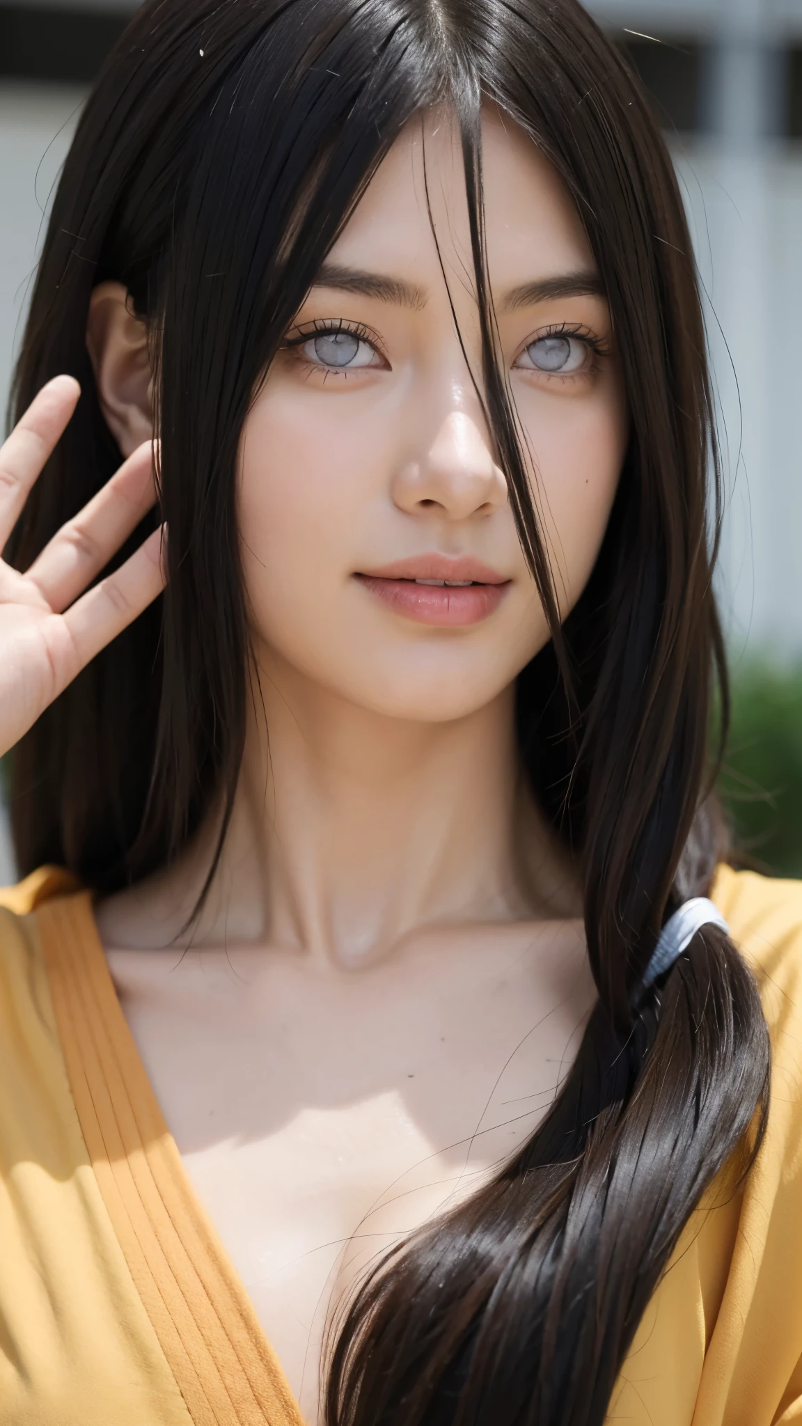 a close up of a person with long hair and a yellow jacket, hyuga hanabi, hyuga hanabi from naruto shippuden, as an anime character, perfect anime face, she has black hair with bangs, shemale anime character, anime character, anime best man, hime cut hairstyle, black hair, white eyes, byakugan eyes, smile, realistic, ultra detail, city background, (beautiful face:1.3)