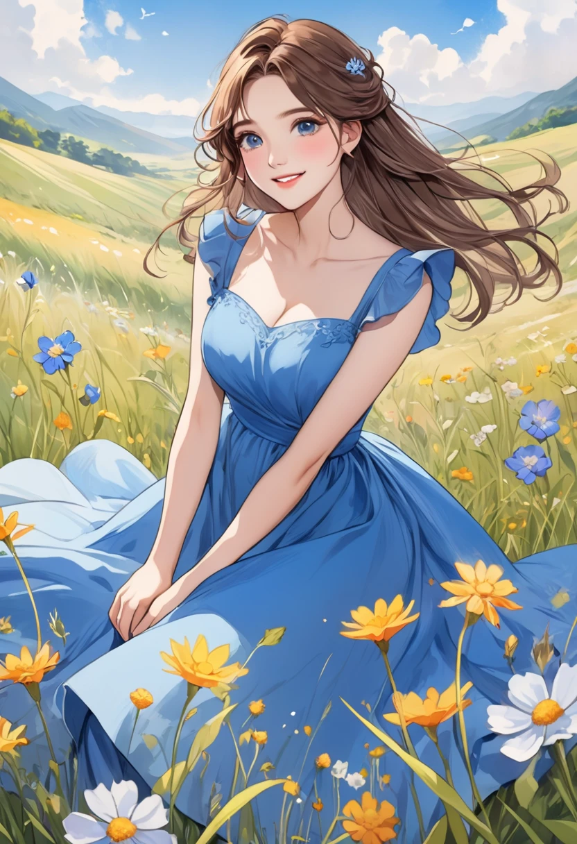   A fusion of ink painting and watercolor painting、 1 female, Create an animated version of your ideal style、Cute and beautiful face 、 pretty eyes ,   brown hair,  Beautiful blue dress,   smiling 、Create an animated version of a woman with 、grassland、Wildflowers、 bright color,   detailed illustration art 、Masterpiece、 best quality 、 HD、