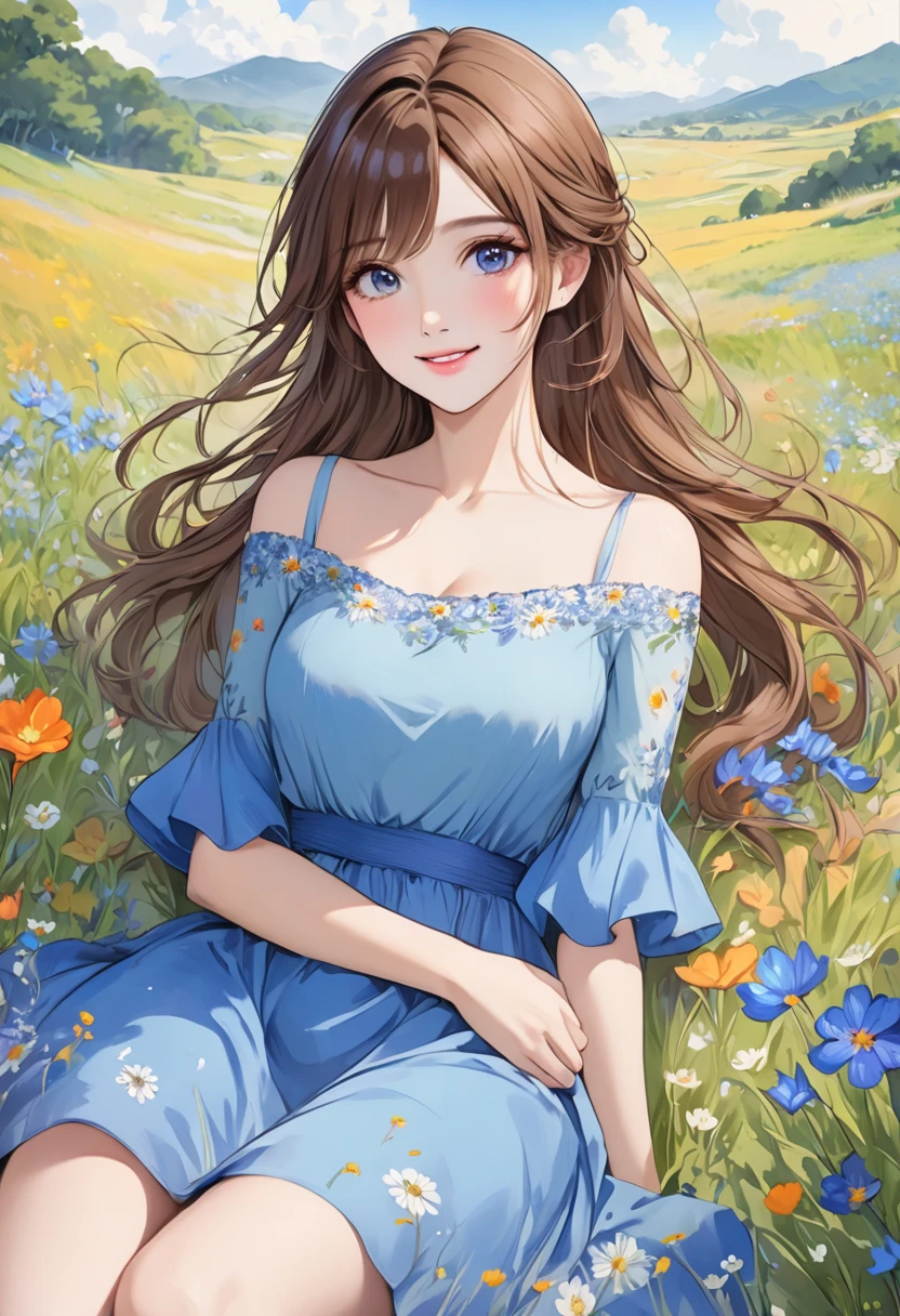   A fusion of ink painting and watercolor painting、 1 female, Create an animated version of your ideal style、Cute and beautiful face 、 pretty eyes ,   brown hair,  Beautiful blue dress,   smiling 、Create an animated version of a woman with 、grassland、Wildflowers、 bright color,   detailed illustration art 、Masterpiece、 best quality 、 HD、