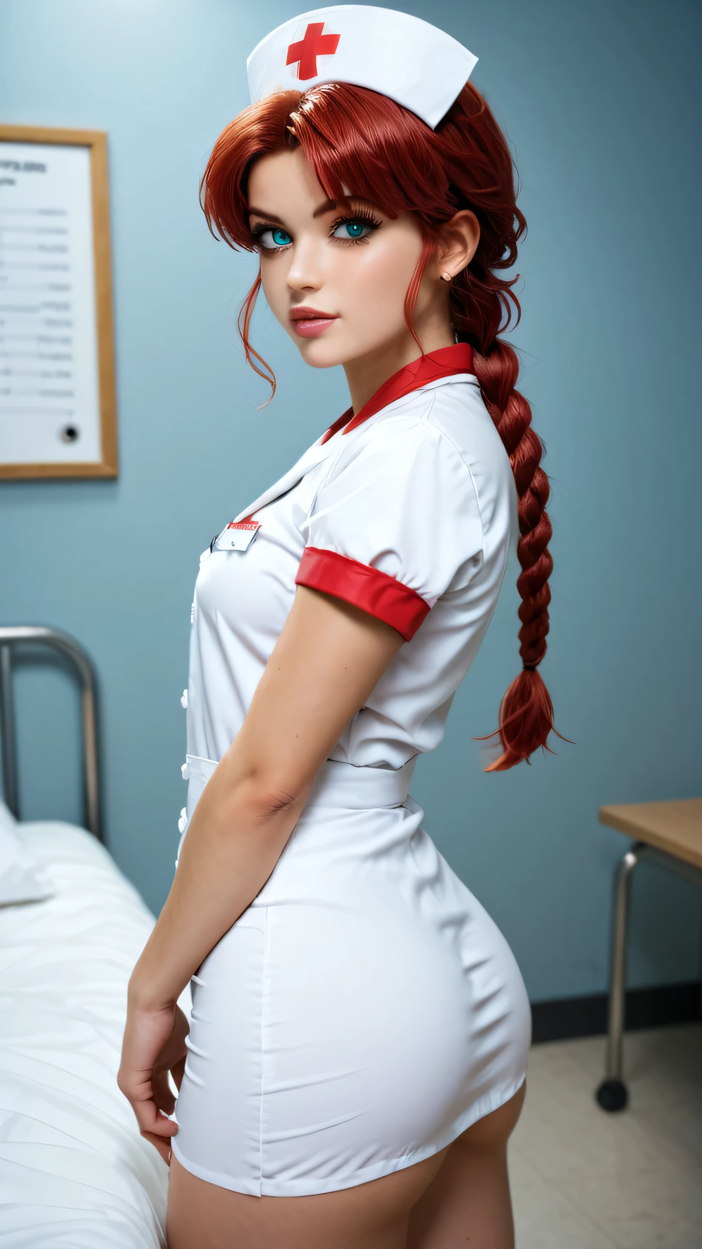 1girl, solo, nurse, nurse cap, ((naked)), ((white legwear, zettai ryouiki, large chest)), white gloves, red hair, long hair, green eyes, drooping eyes, smile, standing, ((hospital room)), kitchen knife in hand, blood on knife, stethoscope around neck, sharp outline, best quality, masterpiece, pregnant, sitting on desk, spread legs