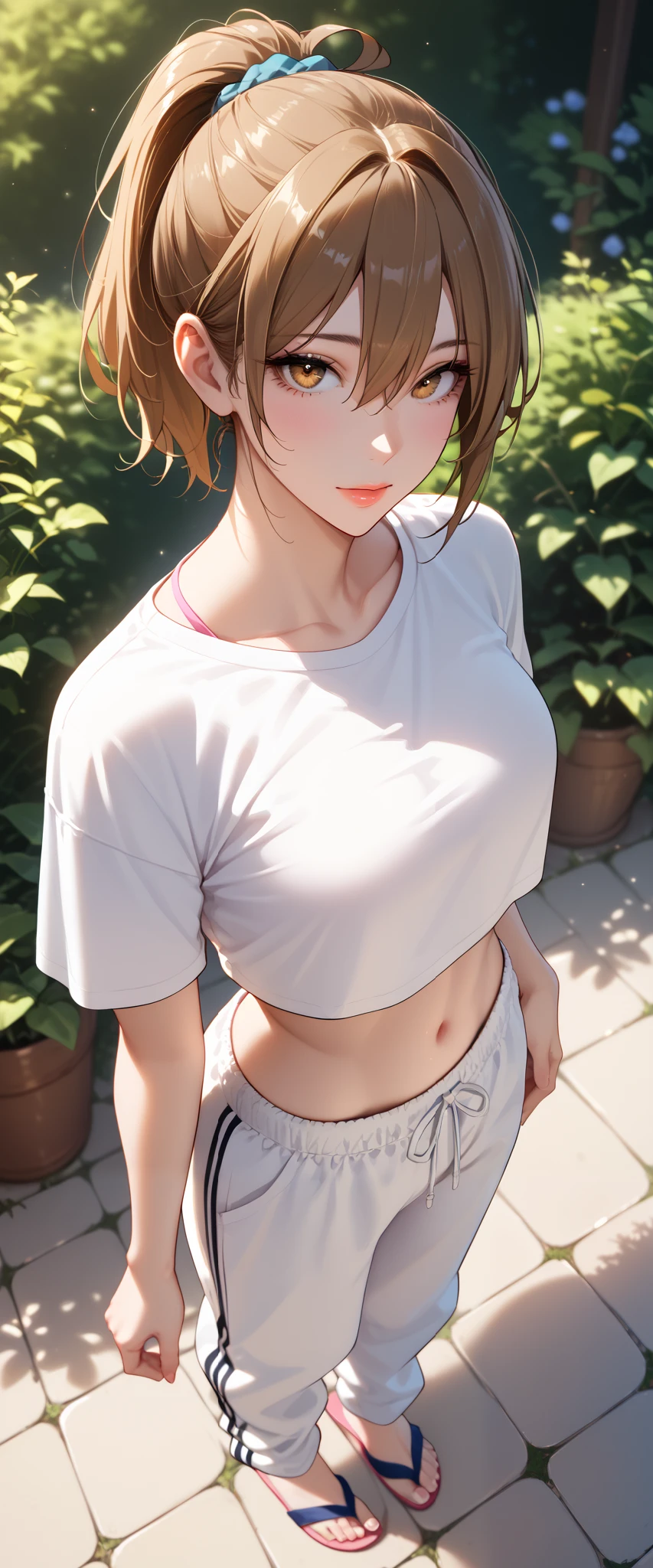 Score_9, Score_8_up, Score_7_up, Source_anime, anime art, anime style, very aesthetic, masterpiece, high quality, 1girl, pretty girls, brown hair, short hair, ponytail, hair between eyes, (crop top t-shirt, baggy jogger pants, flip-flops), beautiful eyes, female focus, looking at viewer, ((above view)) ((close up shot)), soft light, ((solo)) detailed, very high resolution, no blurry image, (full body), standing, beautiful, serene expression, intricate details, detailed background, outdoors