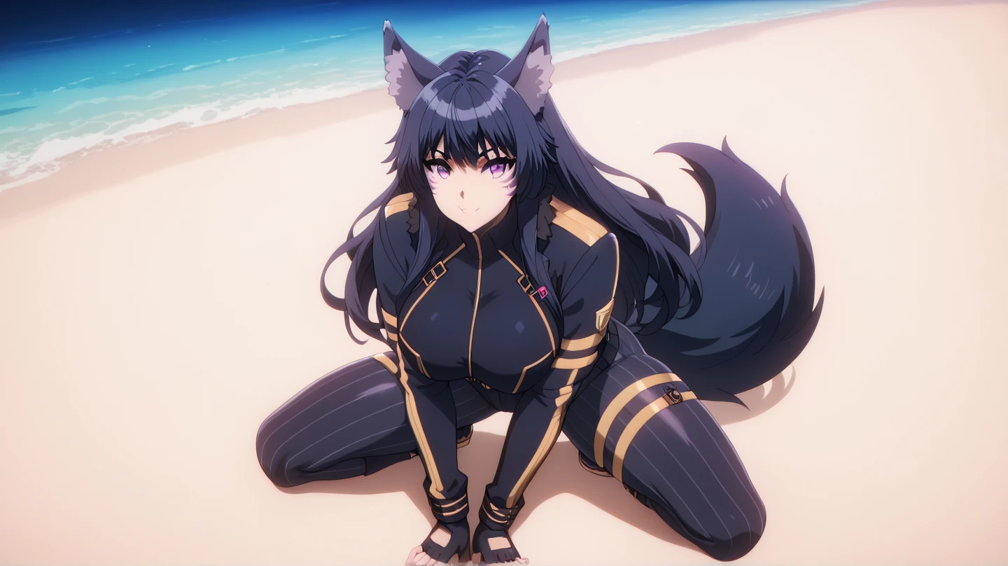  From the eminense of shadow Sexy Delta, Awesome 1girl  , Alone, wearing a tight tactical suit ,  Dark blue hair , cola,facial brand, purple eyes . awarded,  professional, highly,  wolf ears,  on a beach at night,  kneeling fashion, legs open,  big breasts, thigh-high striped tights,  standing, full body,