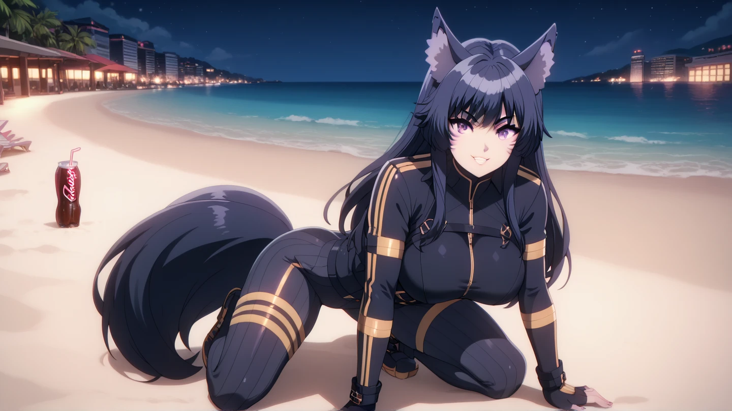  From the eminense of shadow Sexy Delta, Awesome 1girl  , Alone, wearing a tight tactical suit ,  Dark blue hair , cola,facial brand, purple eyes . awarded,  professional, highly,  wolf ears,  on a beach at night,  kneeling fashion, legs open,  big breasts, thigh-high striped tights,  standing, full body,