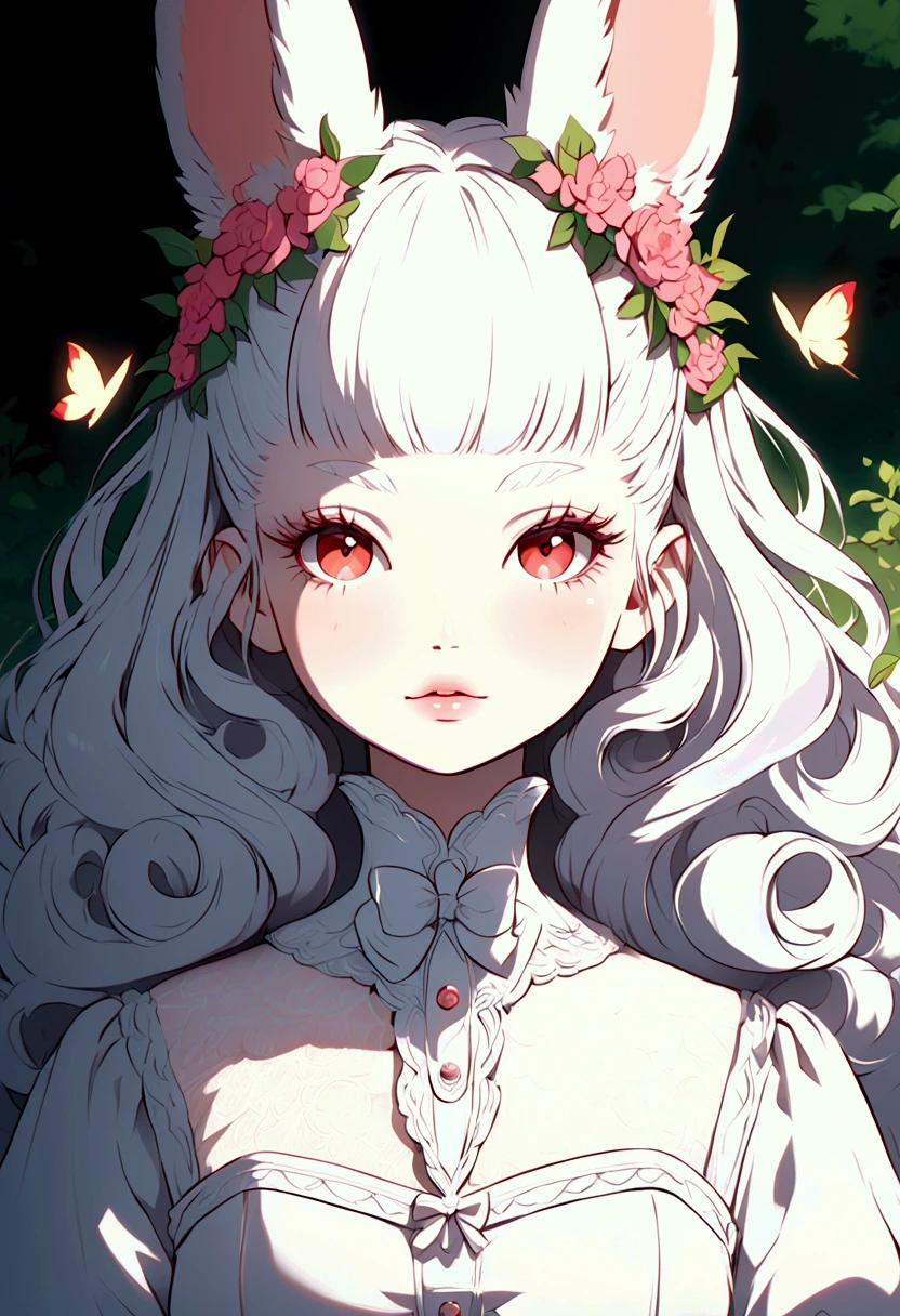 ( high quality) ( The best quality) ( A woman ) (correct physiognomy) (Perfect students) ( perfect eyes) Albino woman with red eyes, long curly white and white hair, White eyelashes and eyebrows,  rabbit ears coming out of her head, White lolita style dress.  big round eyes , reddish and fluffy lips, butterflys and flowers around of his body, ruddy cheeks, Soft facial features, thin eyebrows, soft leather,  rosy cheeks,  pink lips, silky eyelashes, dreamy expression, middle age, sittingin the middle of nature, cute animation style,  photo illuminated by sunlight , Anatomy from head to torso.