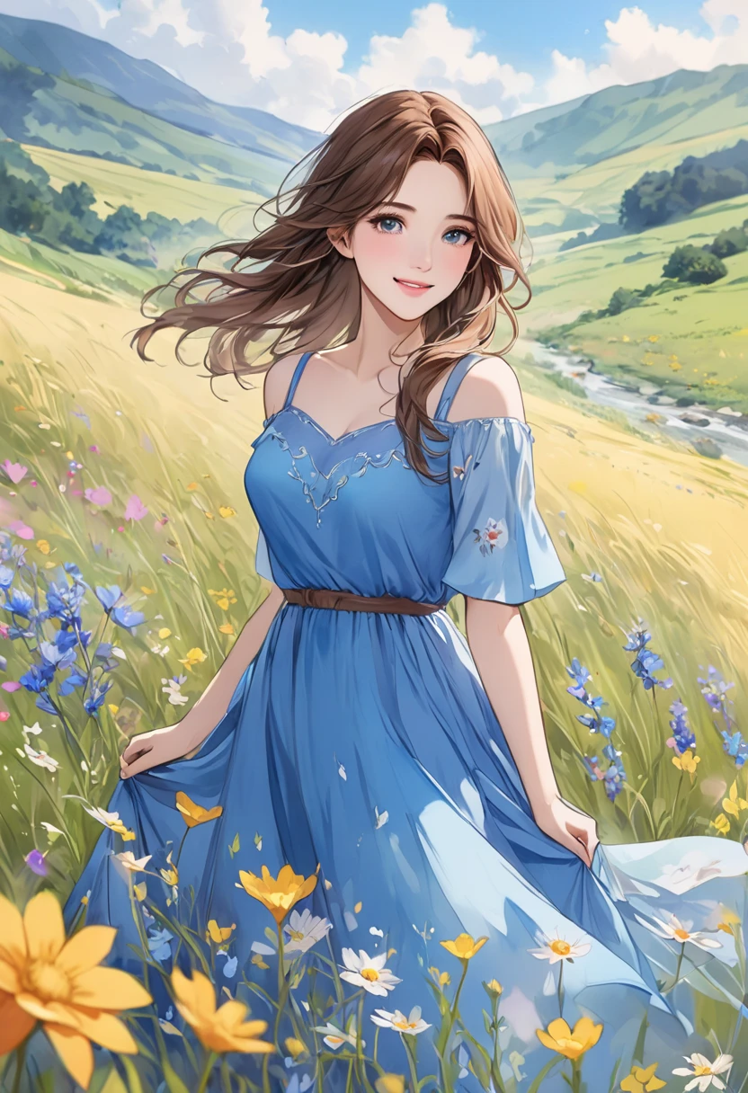   A fusion of ink painting and watercolor painting、 1 female, Create an animated version of your ideal style、Cute and beautiful face 、 pretty eyes ,   brown hair,  Beautiful blue dress,   smiling 、Create an animated version of a woman with 、grassland、Wildflowers、 bright color,  Masterpiece、 best quality 、 HD、