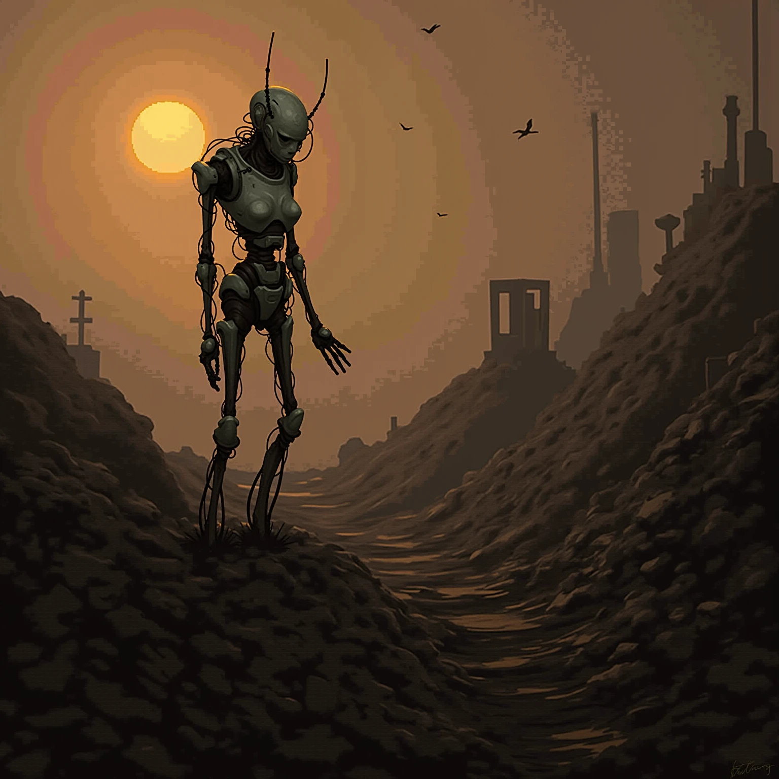 painting, (woman waifu in a cramped rusty hydraulic mech exoskeleton), night, oily, sweaty, dirty, ripped, post-apocalyptic, by vergvoktre