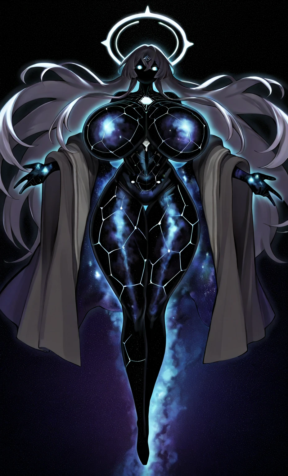 1 girl ,solo, female ,cosmic entity , deep space , galaxy like body, long hair flowing in space , huge breasts , huge thighs , white glowing eyes, spiked double halo over her head,  