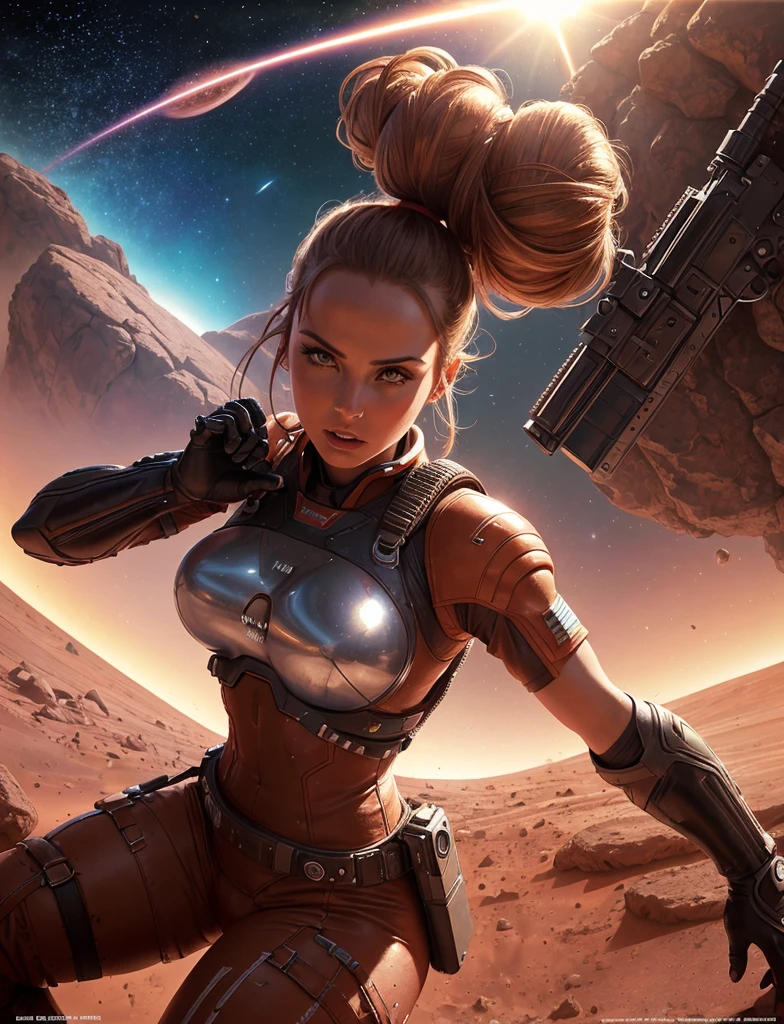 Masterpiece, highly detailed, best painting, futuristic tactical harness, tight-fitting space pants, painting of futuristic [elf|woman] sci-fi soldier with her hair in a bun, fighting off aliens on mars, blaster, dynamic angle, 1980s [sci-fi|fantasy] art, vivid details, colorful, complex, perfect face, beautiful lighting, (art by Boris Vallejo and Julie Bell), by Heavy Metal Magazine, ((on mars)), red rocks, (dusty:0.8), solo, large breasts,  fantastical, skin texture, hyper detailed,skin texture,