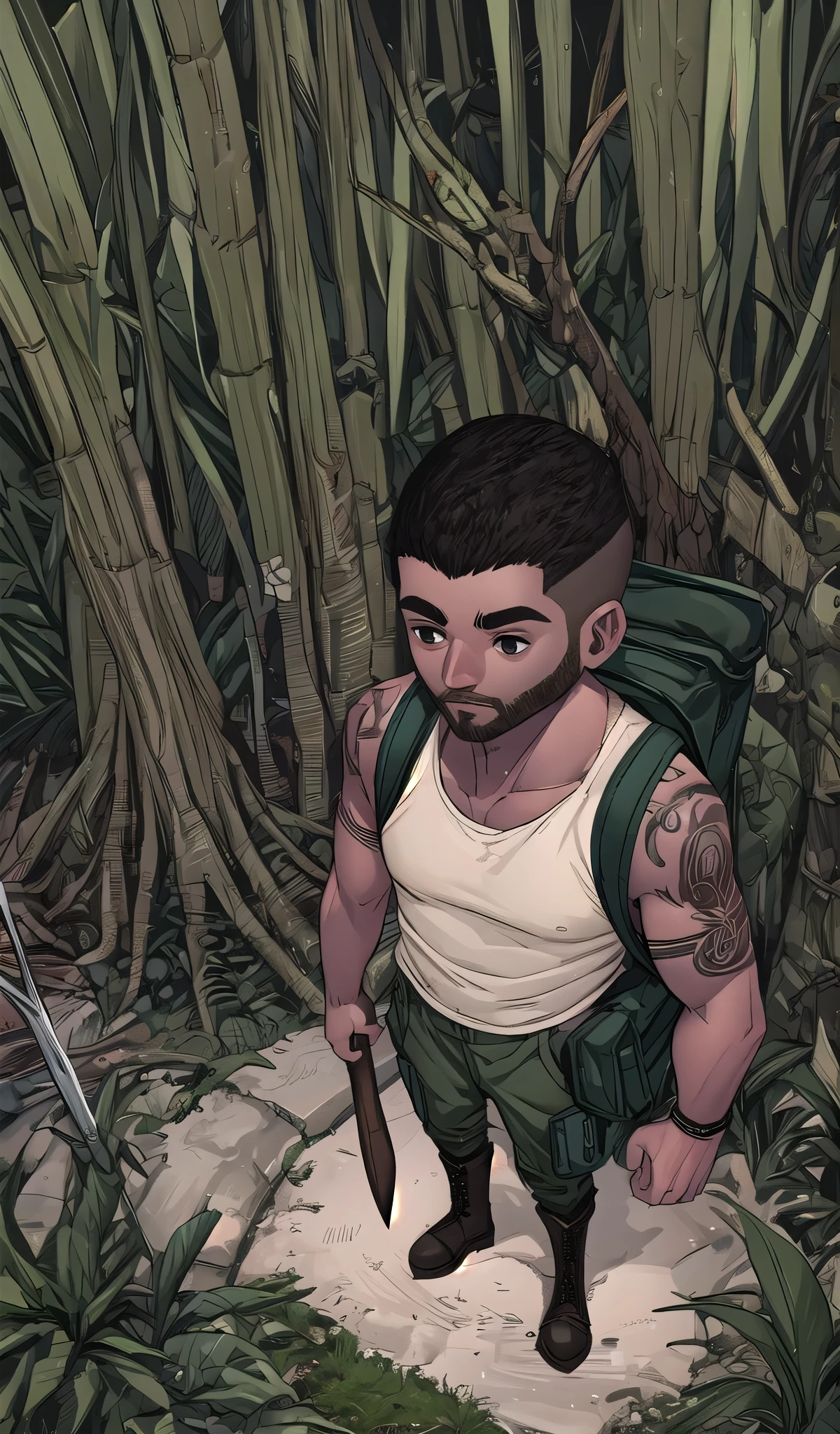 A brown-skinned male character , thin and strong, tattoo on arm , standing, arms down, shaved hair low, barba, He is wearing light beige tank top , moss green cargo pants and black boots , carries an axe in his right hand and a backpack on his back.
