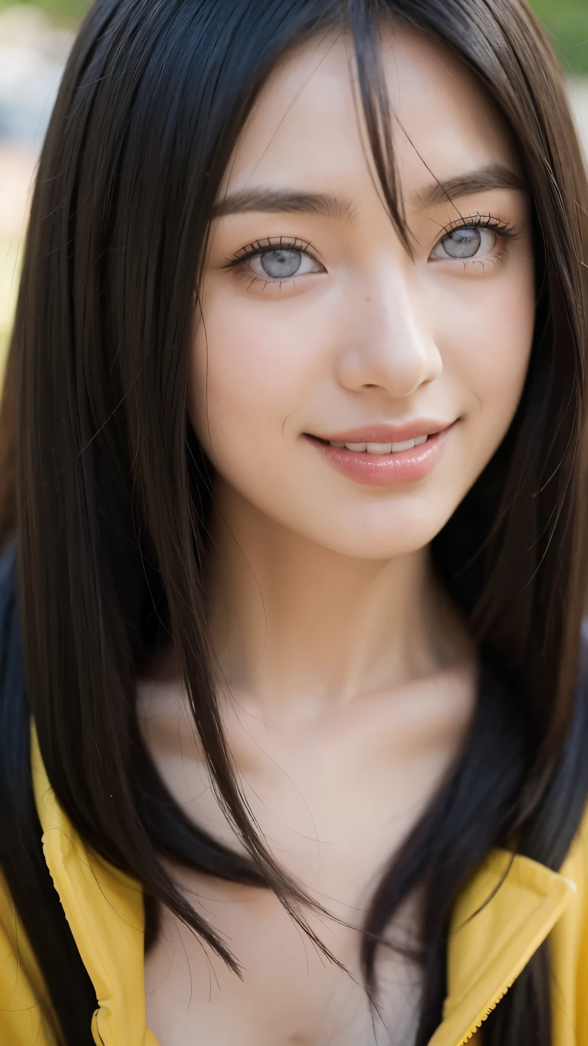 a close up of a person with long hair and a yellow jacket, hyuga hanabi from naruto shippuden, as an anime character, perfect anime face, she has black hair with bangs, shemale anime character, anime character, anime best man, hime cut hairstyle, black hair, white eyes, byakugan eyes, smile, realistic, ultra detail, city background, (beautiful face:1.3)
