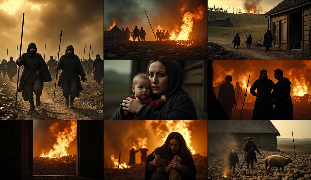 "Generate a high-definition, cinematic montage focusing on the human suffering caused by Khmelnytsky's Cossack troops. The sequence begins with a close-up of a villager’s face, their eyes wide with fear as they hear the distant sound of hoofbeats. The camera cuts to a wide shot of the Cossacks charging into the village, their swords gleaming in the sunlight. The next shot shows a mother clutching her , running through the chaos as flames engulf her home. A group of villagers huddles together, their faces filled with terror, as Cossacks smash doors and drag away livestock. The camera shifts to a dynamic action shot of a Cossack looting a home, tossing aside furniture and grabbing valuables. The montage ends with a close-up of a ’s tear-streaked face, clutching a doll as they sit amidst the ruins of their village. The lighting is dramatic, with the warm glow of flames contrasting against the cold, dark shadows of destruction. The composition emphasizes the emotional impact of the devastation, with fast cuts and dynamic camera angles creating a sense of urgency and despair."