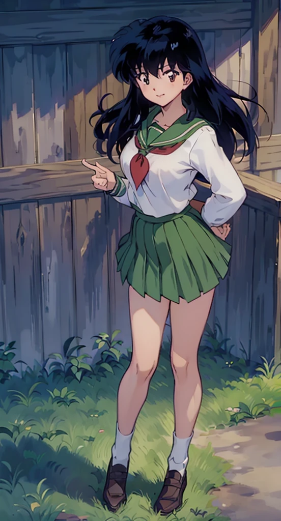 kagome higurashi,1 girl, (solo), ((kagome higurashi)), best quality, highres, high quality, 8k, HD, super detail, anatomically correct, UHD, accurate, (masterpiece:1.2), (high quality:1.0), (ultra detailed), (Front View), (Smug Grin), Brat, View from Below, Looking at Viewer, (Green White Uniform), (Red Ribbon), (Adult), (Skirt Lift), (Vagina), (no underwear), White Socks, (No background), (White Background), Closed Mouth
