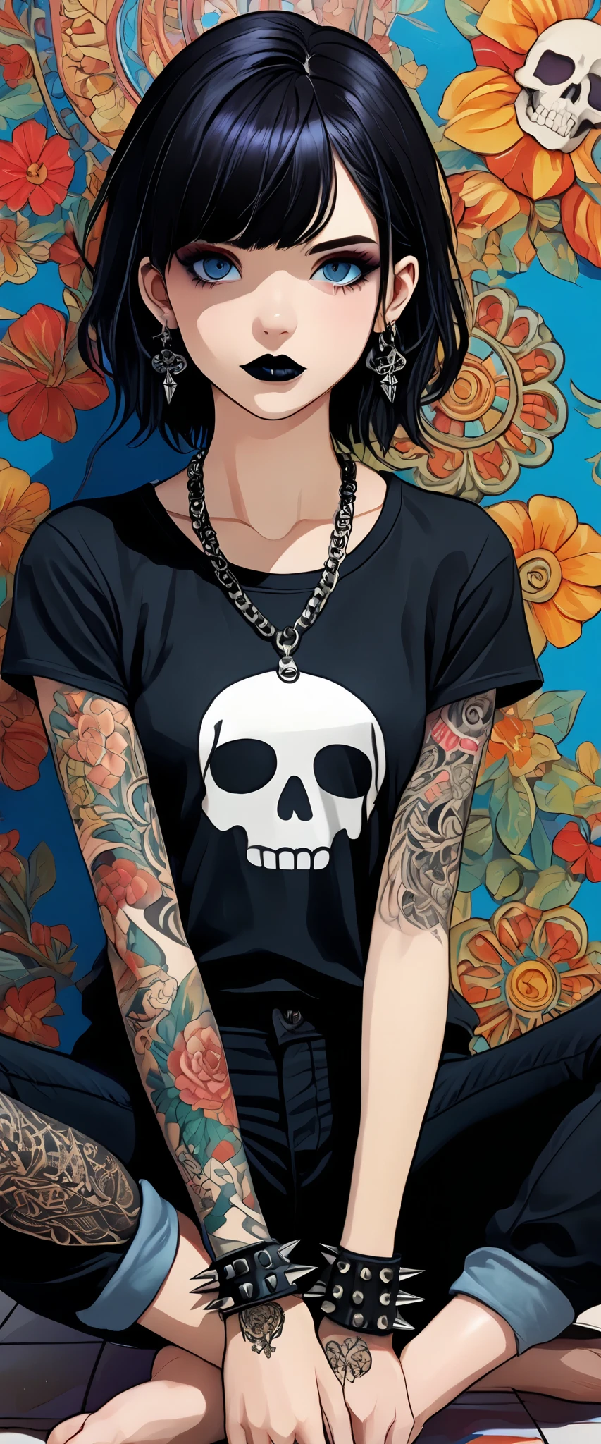 Manga style:1.5,  masterpiece, ((  ultra detailed background  ,  intricate details  )),  better quality,  intricate details  ,  chromatic aberration , Women, 20 years,  looking at the viewer ,  black hair,  bangs over an eye  ,  black t-shirt  , Skull pattern  , short sleeve,  sitting on the floor , mask, tattoo with an X-shaped eye pencil on the cheek, Spiked bracelets ,  spiked necklace  ,  black pants , pale skin,  black lipstick ,