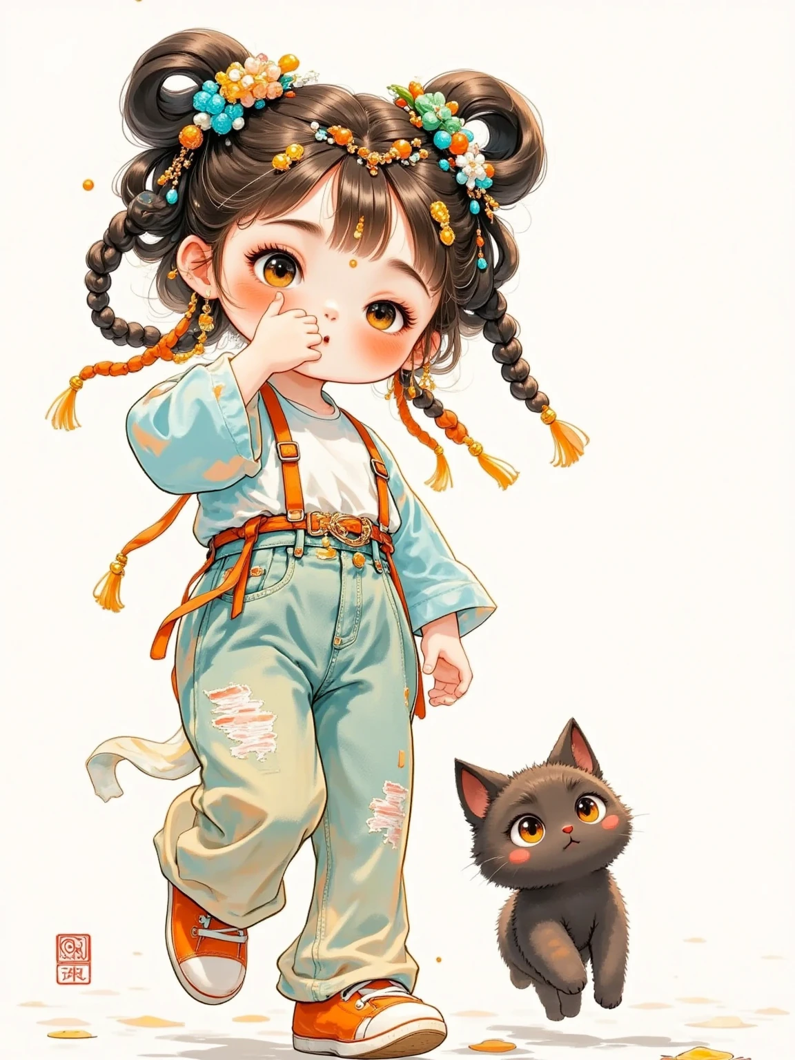 Chubby ，Cute，Big head，Big eyes， with long, fluffy braids ，, wear a t-shirt ， and jeans with a fat strap underneath，Two-headed body，, exaggerated head ratio ，Pouting，In anger，Positive angle，Head up，, follow a q version of the black cat next to it ，Watercolor，Transparency，White background, clean ，warmth，exquisite，cure