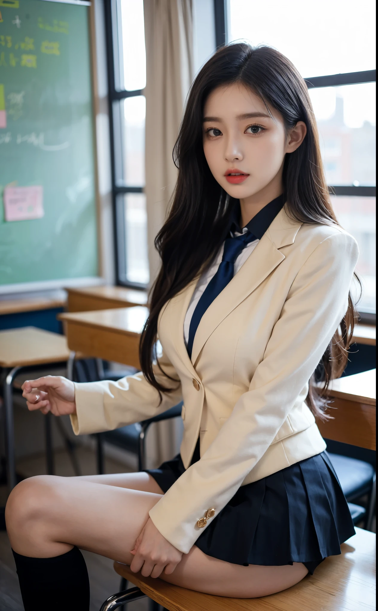 ((Female student sitting on bed )),Charming eyes,Heartwarming action,Turn your face away from the camera,stooped,Bend over,turn back,Look up at your head,thick and long black hair,Highly detailed body,Highly detailed face,best qualtiy、(P boobs iNK underwear),(High School Girls),((White Blazer、emblem on breasts))、((Translucent blouse)),((red bowtie)),((navy check flare skirt)),(Black stockings)、((Outside the window, Hazy skyscrapers)),((White lace panties are visible))