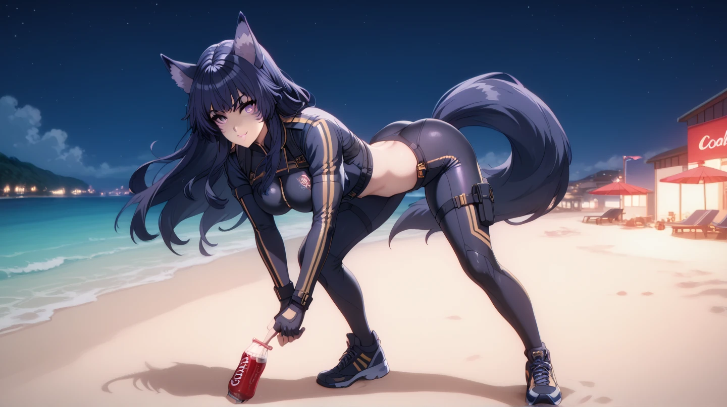  From the eminense of shadow Sexy Delta, Awesome 1girl  , Alone, wearing a tight tactical suit ,  Dark blue hair , cola,facial brand, purple eyes . awarded,  professional, highly,  wolf ears,  on a beach at night, standing, legs open,  big breasts, full body, bend over,