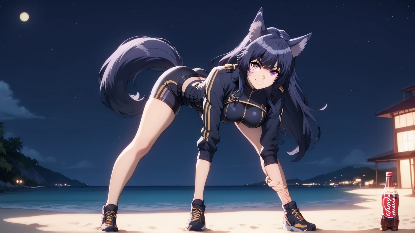  From the eminense of shadow Sexy Delta, Awesome 1girl  , Alone, wearing a tight tactical suit ,  Dark blue hair , cola,facial brand, purple eyes . awarded,  professional, highly,  wolf ears,  on a beach at night, standing, legs open,  big breasts, full body, bend over,