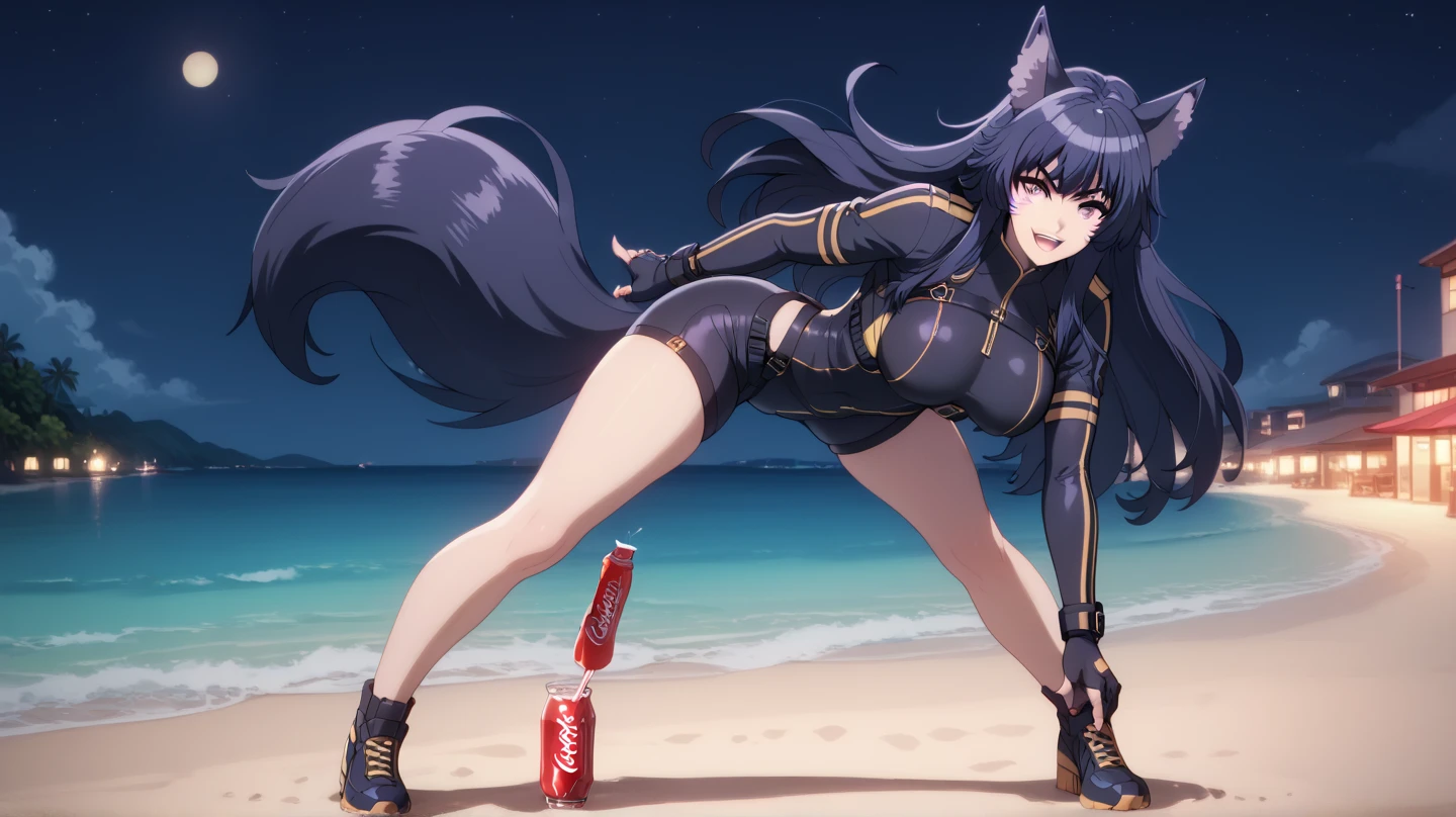  From the eminense of shadow Sexy Delta, Awesome 1girl  , Alone, wearing a tight tactical suit ,  Dark blue hair , cola,facial brand, purple eyes . awarded,  professional, highly,  wolf ears,  on a beach at night, standing, legs open,  big breasts, full body, bend over,