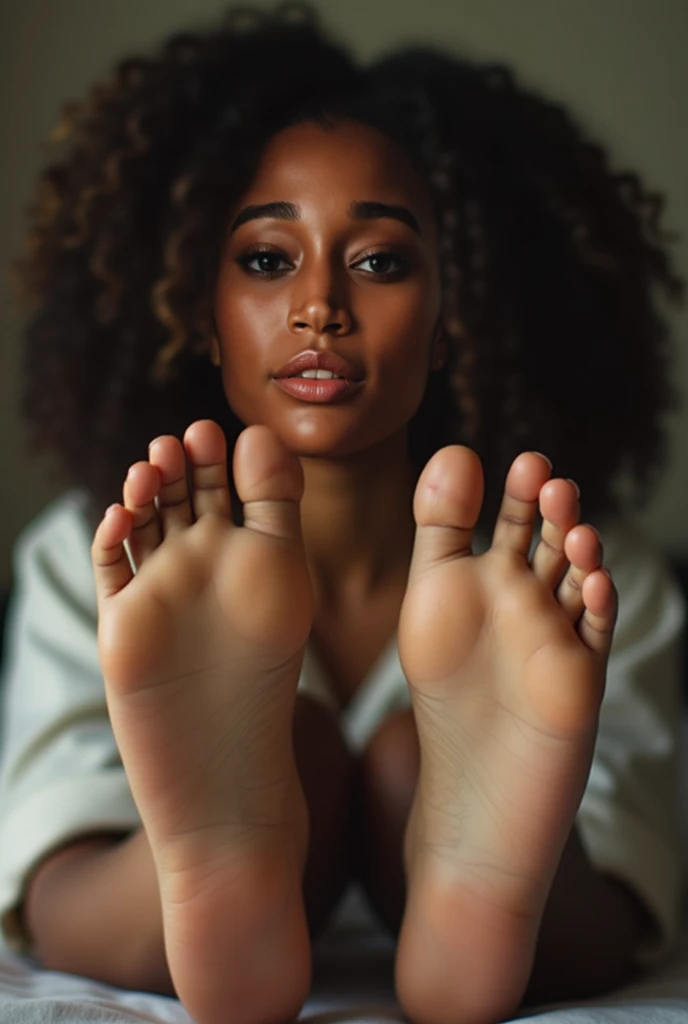 A brunette 15-year-old black girl with curly hair and big breasts, topless, bottomless sits with her legs spread apart stretched out, taking a realistic photo bottoms of her bare feet toward the viewer, body is in focus, feet out of focus