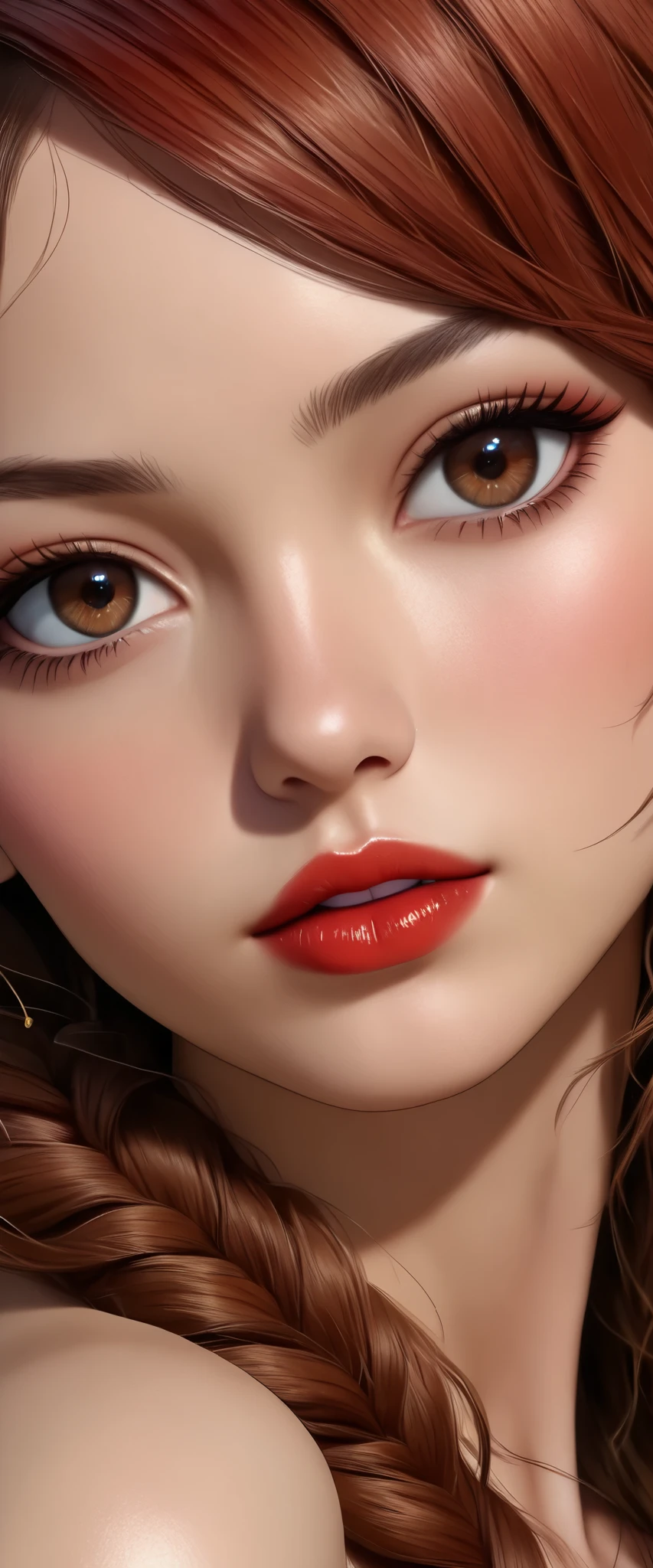 Kasumi,  brown eyes, ( better quality, ultra-detailed), ( realistic :1.37),  beautiful and detailed face, ultra- realistic  texture,  delicate face ,  delicate body ,  partially nude red lipstick ,  bright colors.  High Definition, 8K.