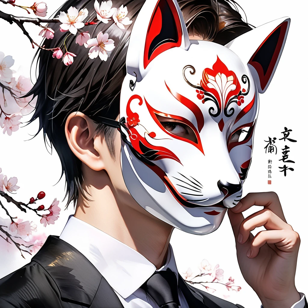 (1boy, male, male性), Alone, portrait, black hair, swept bangs, rimless eyewear,  black necktie, black jacket, white shirt, fox mask, cover your face with a mask, cherry blossoms, half-closed eyes, Contrast, professional quality, high resolution, high quality, [[multicolored eyes<reflection]], [[multicolored eyes<glass-like watercolor painting]], delicate writing,hand on neck