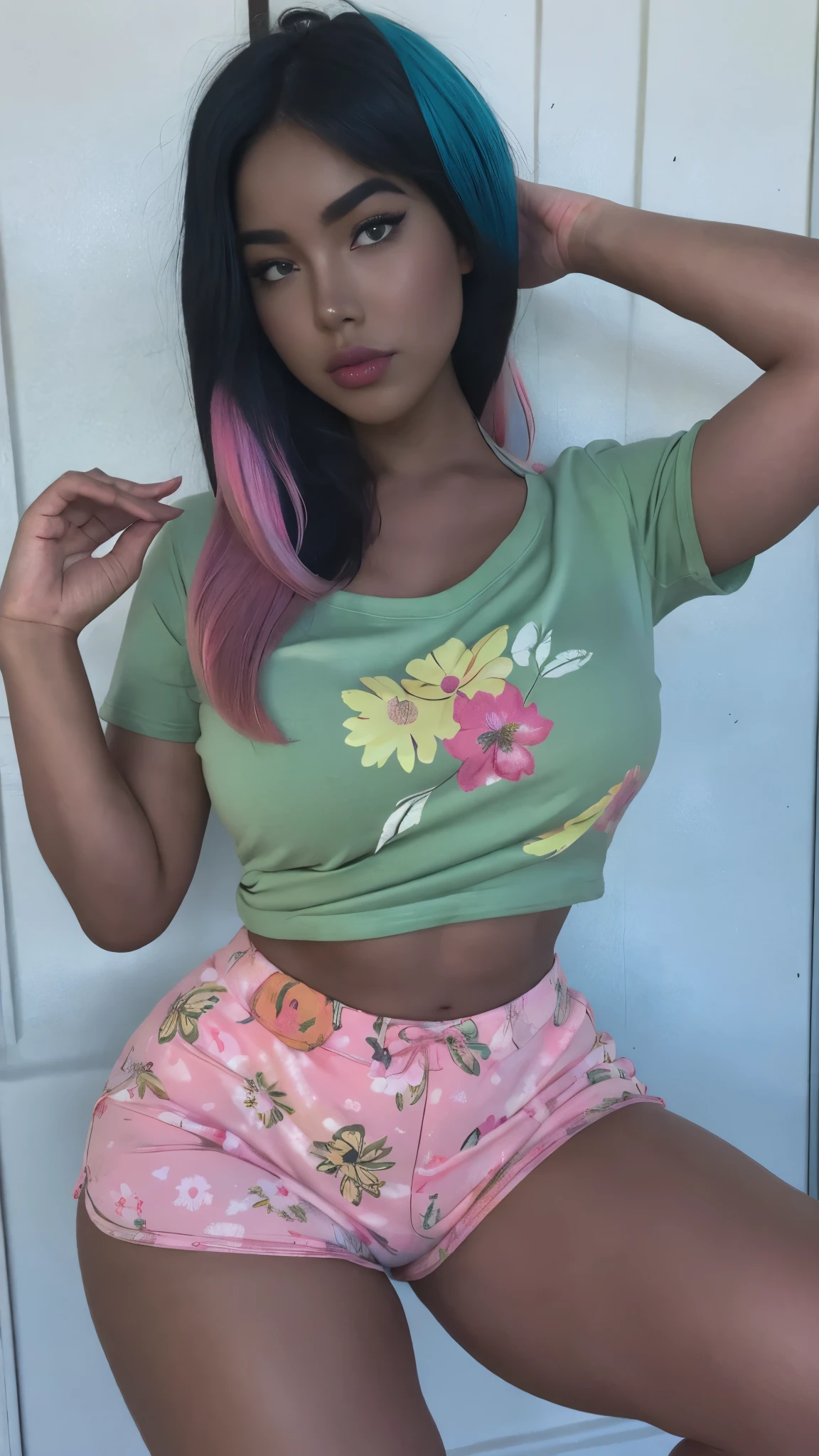     A sexy woman with big breasts ,     athletic body,     thick legs    ,  wearing floral print shorts and a flowery green t-shirt, blue, red and yellow and pink hair  