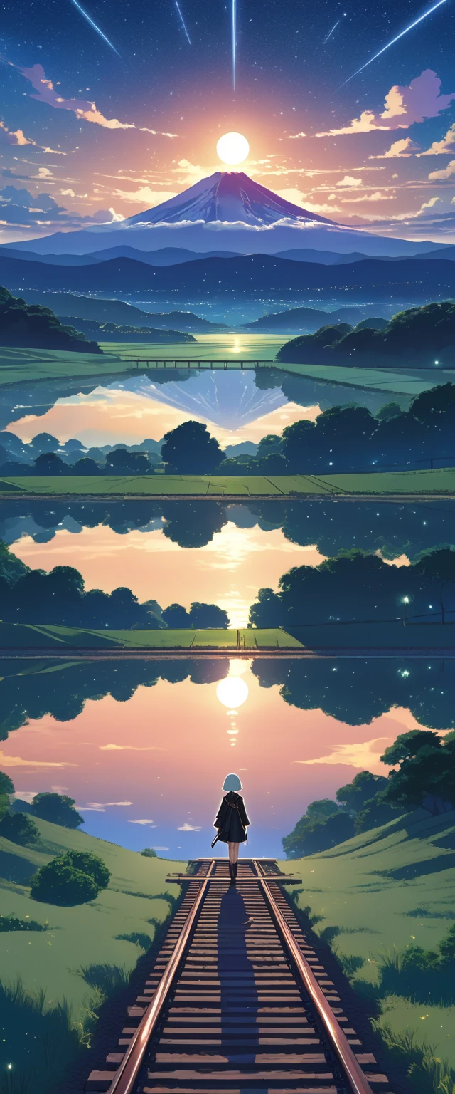  High quality masterpieces , Landscapes, clouds, Anime train passing bodies of water on train tracks in the distance,  bright starry sky . Traveler, romantic lights , pixiv,  concept art , Lofi art style, reflection. Makoto Shinkai, rophitic art, beautiful anime scenes, anime landscape,  Detailed landscape — Width 672 ,  Makoto Shinkai style ,  Makoto Shinkai style ,  improved details.  2b nier automata,  Megumin, Toga Himiko