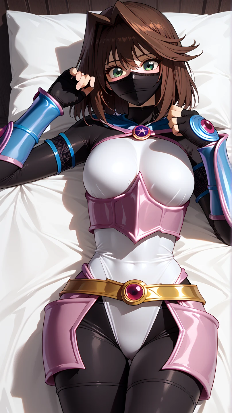                                                
   skin tight black body suit White leotard                         　                   dark magician girl　costume　 bed　                                      invited position 　 sexy　 showing private parts 　 open thighs　 　　　M-shaped legs　                      
   ecstatic expression　
Anzu mazaki shortcuts,  brown hair, 　No hat　　　　　　ninja mask mouth mask